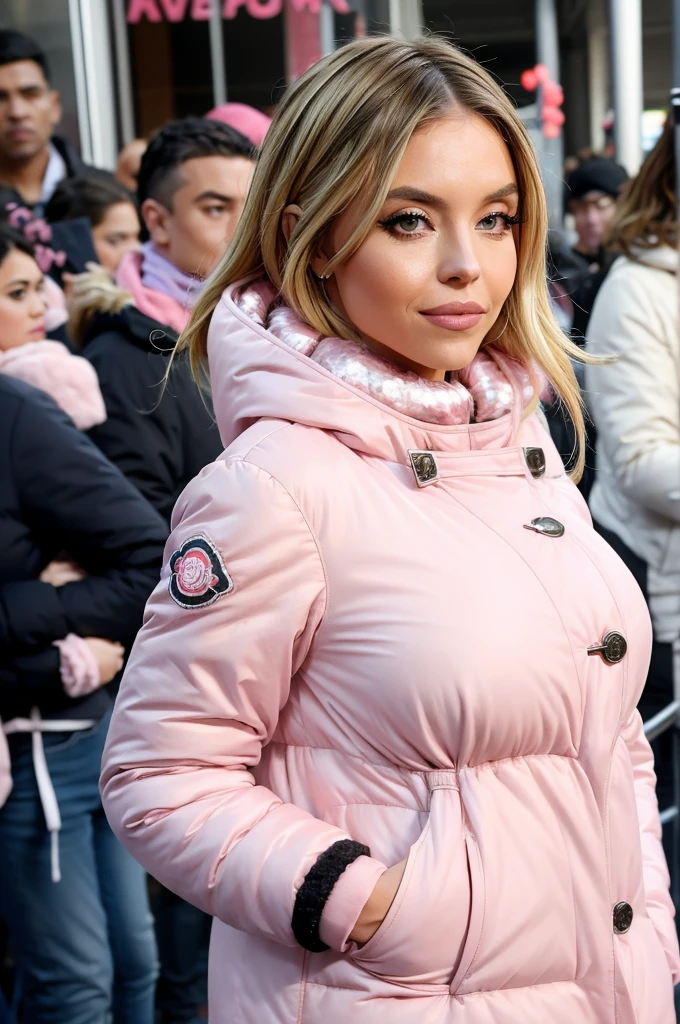 (photograph of Sydney, in silk pink moncler puffer coat), ((looking at viewer)), photorealistic, large breasts,