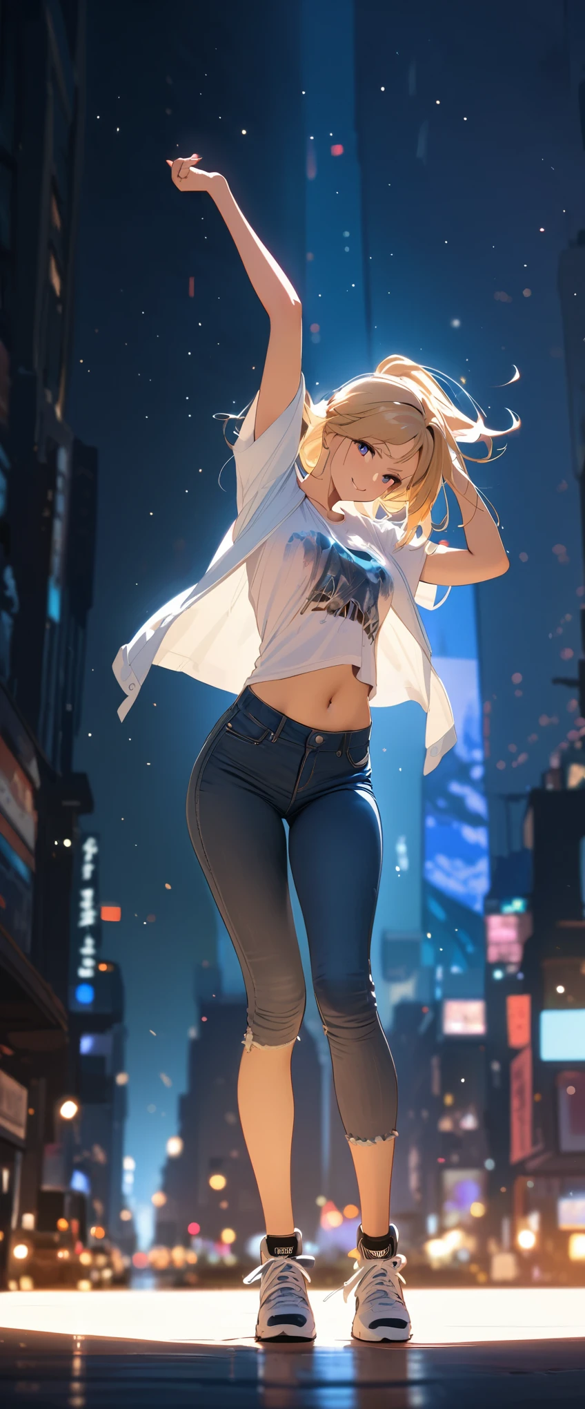 (masterpiece:1.2, Highest quality,High resolution,Super detailed),8k,wallpaper,(Written boundary depth),(Sophisticated lighting),(Improving cinematic lighting quality),(Jacket),(Pop T-shirt),(jeans),(sneakers),White women,Dancer,Dancing in New York,(blonde),(((front))),(((whole body:1.5))),(smile),((Fine hand)),((Beautiful female hands)),The background is the Statue of Liberty,(((hands)))