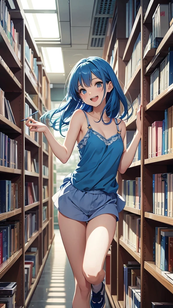 Gal、Jumping around、laughing、Blue Hair、Wearing a camisole、Around 25 years old、Anime style illustrations、Inside the library