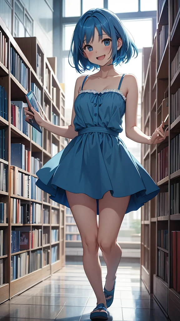 Gal、Jumping around、laughing、Blue Hair、Wearing a camisole、Around 25 years old、Anime style illustrations、Inside the library