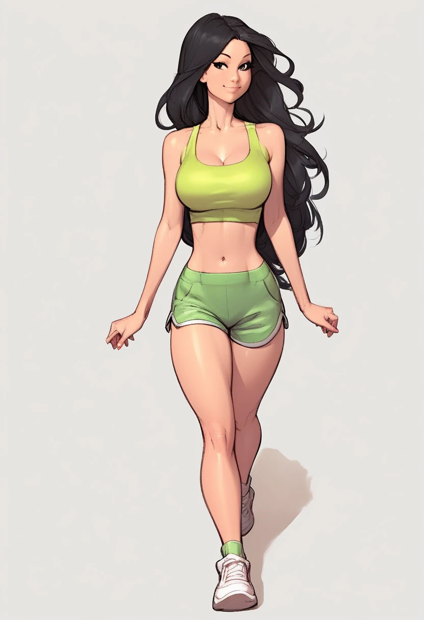 Score_9, Score_8_up, Score_7_up, 1 girl, black long hair, black eyes, curvy figure, smile, green microshorts, red tank top, sneakers, navel, big bust, walking, simple background, white background,