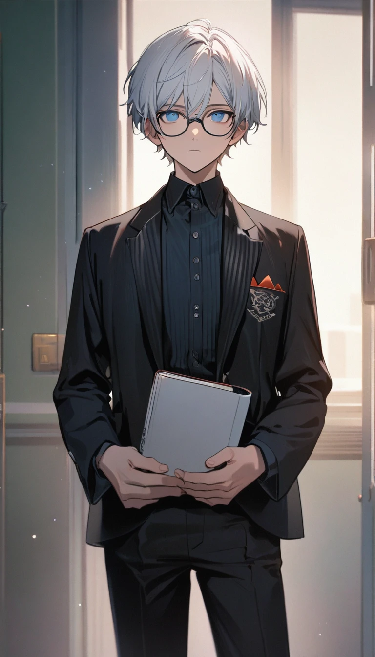 1 male, short hair, white hair, blue eyes, young teenager, glasses, school, formalwearr, Soft boy face, expressionless, holding a book, standing (best quality,4k,highres,masterpiece:1.2)