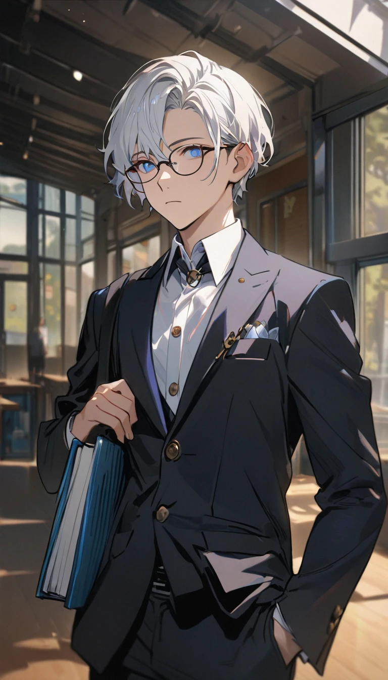 1 male, short hair, white hair, blue eyes, young teenager, glasses, school, formalwearr, Soft boy face, expressionless, holding a book, standing (best quality,4k,highres,masterpiece:1.2)