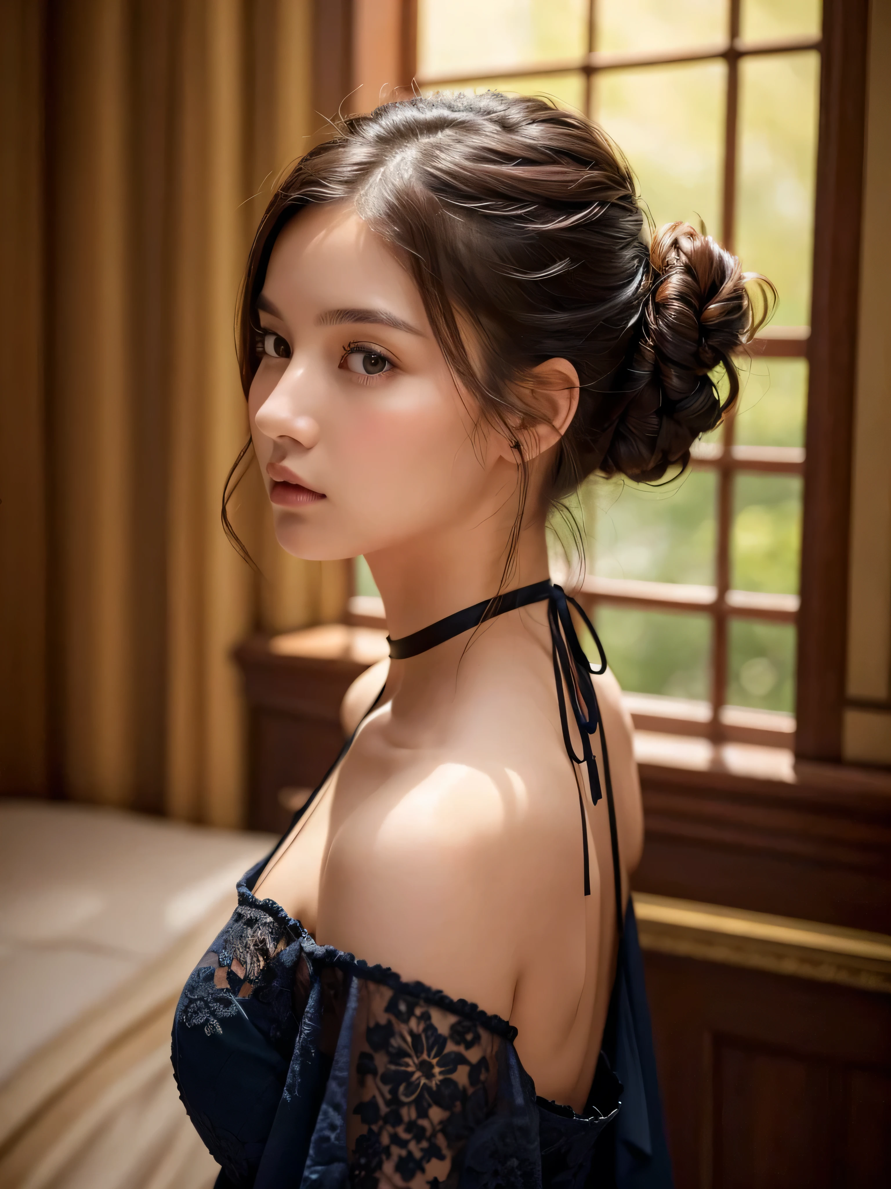 A masterpiece of a photograph! In this stunningly beautiful image, a lovely young woman stands with her back to the viewer, looking back over her shoulder with a flirtatious blush on her cheeks. Her gaze is direct, inviting the viewer to step into the frame. The lighting is soft and diffused, casting a warm glow on her porcelain skin.
The subject's hair is styled in a chic bun adorned with a delicate flower, framing her face and drawing attention to her striking features. Her eyes are pools of dark blue, shining like polished gemstones under the gentle illumination. A black choker adorns her neck, complementing the intricate details on her dress - a flowing, sleeveless number that showcases her toned arms.
The fabric appears semi-sheer in places, allowing glimpses of her toned physique beneath. The dress is a deep, rich color that complements the woman's dark locks and the surrounding environment, which features a pillar or column in the background, adding depth to the scene.
The overall mood is one of sophistication and elegance, with a hint of playfulness and allure. The image exudes a sense of confidence and self-assurance, as if the subject is aware of her captivating presence. The photographer's skillful use of light, composition, and focus creates a world-class official image that is truly breathtaking in its beauty.
