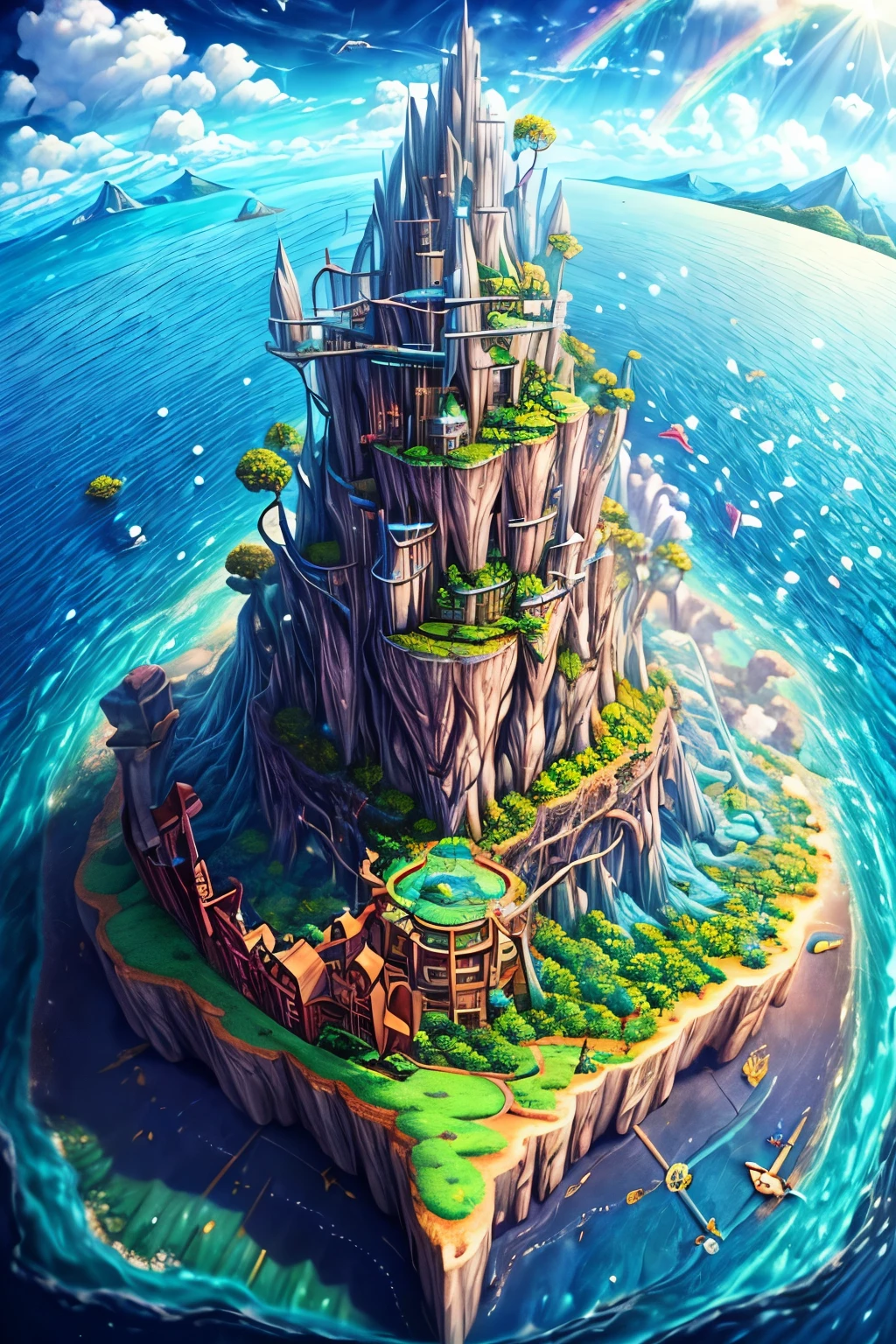 masterpiece, best quality, extremely detailed CG unity 8k wallpaper, Fantasy digital art of a mysterious island, Rainbow colored birds fly in the sky, An island surrounded by golden seas, wood々It is overgrown with、A donut-themed island, House of candy, A very fun island, Landscape painting