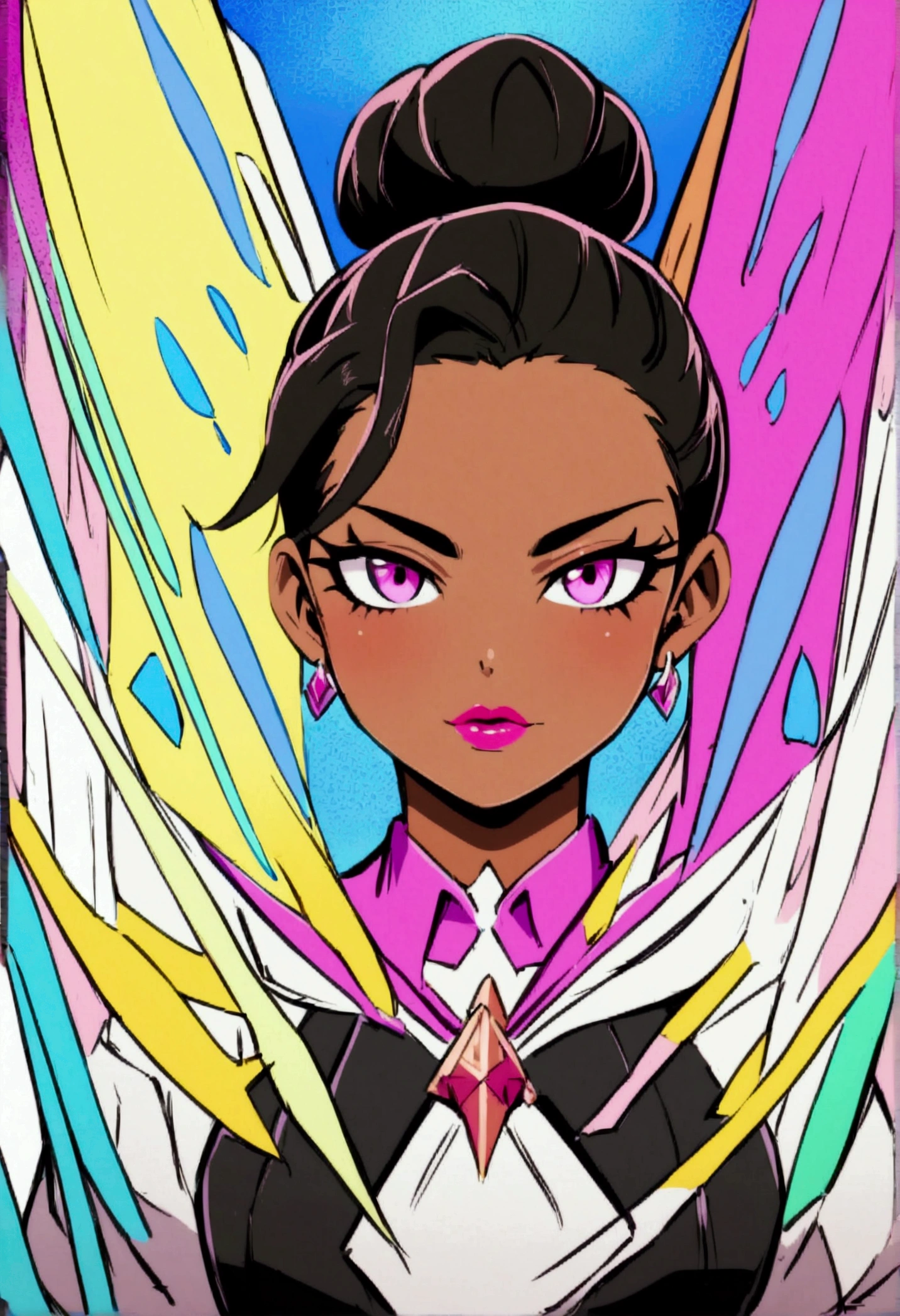 1 girl, Sombra from overwatch, (dark skinned:1.2), school girl, school class background, modern anime style, facing the viewer, upper body