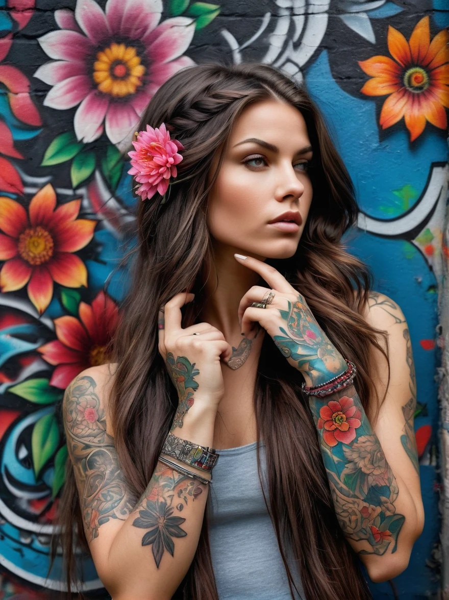 (Rebellious European girl)，Brightly colored tattoos on arms and legiddle finger raised:1.3)，Provocative gestures，Flowing long hair，Arrogant expression is bold and brighhould be surrounded by intricate，Detailed flowers and mandalas，Anatomically correct, Textured Skin, Standing in front of a graffiti style background，Add whimsy to the scene, To enhance the sharpness and modernity of the scene，Sharp lines，Bold brushstroke numbers