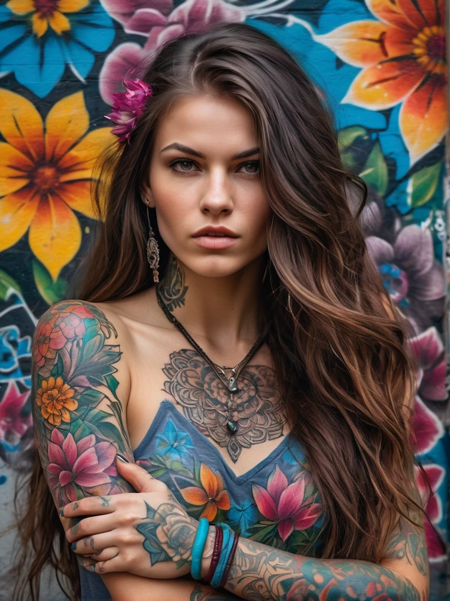 (Rebellious European girl),Brightly colored tattoos on arms and legiddle finger raised:1.3),Provocative gestures,Flowing long hair,Arrogant expression is bold and brighhould be surrounded by intricate,Detailed flowers and mandalas,Anatomically correct, Textured Skin, Standing in front of a graffiti style background,Add whimsy to the scene, To enhance the sharpness and modernity of the scene,Sharp lines,Bold brushstroke numbers