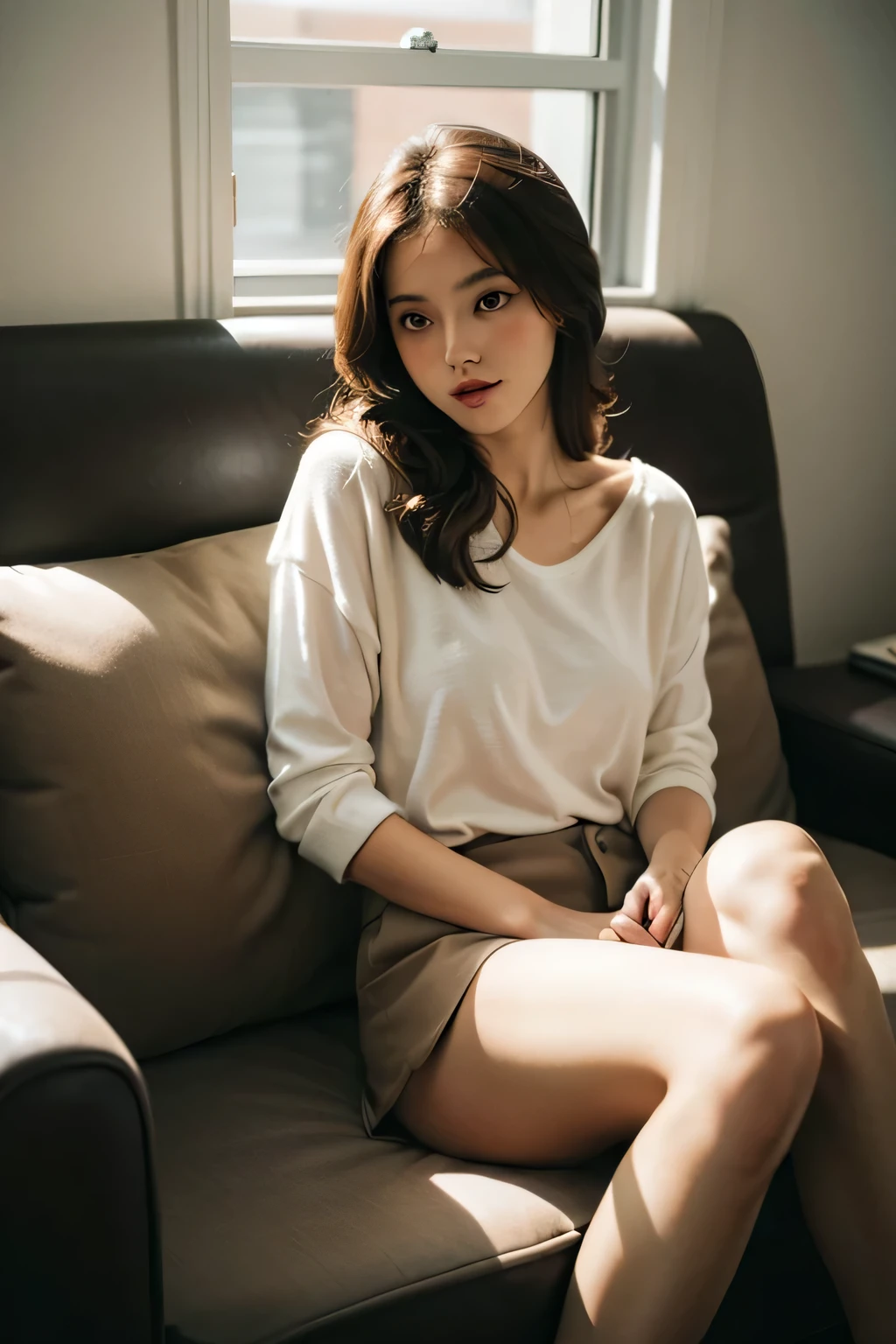 One girl,sitting on a comfortable sofa,Crossing your legs,Soft Light