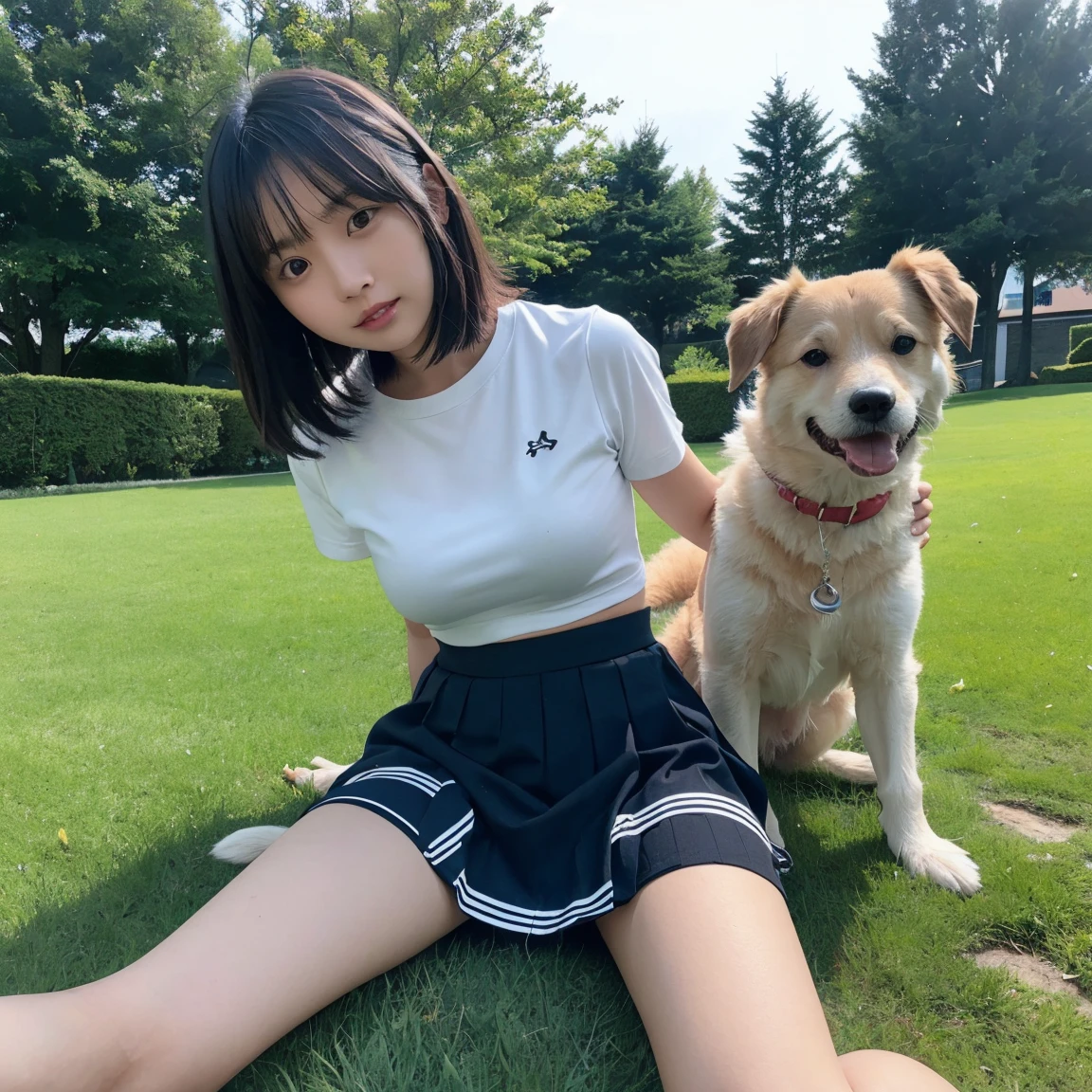 Black short bob,Girl and dog playing on the grass,19 Asian women,Black pleated skirt,Panty shot,White underwear,It has depth