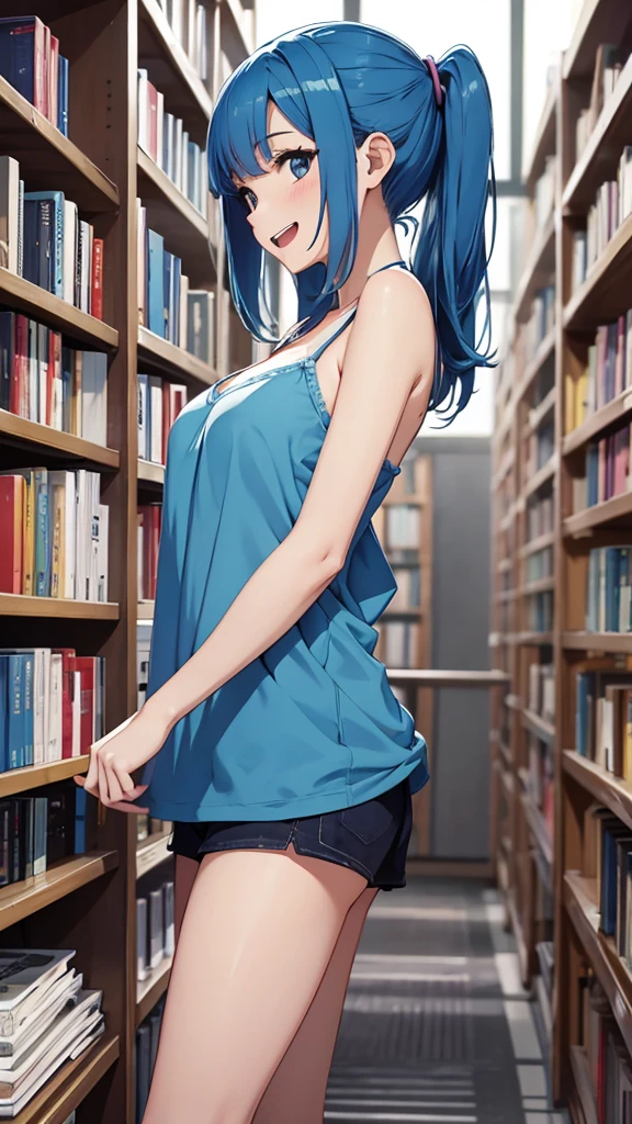Gal、Jumping around、laughing、Blue Hair、Wearing a camisole、Around 25 years old、Anime style illustrations、Inside the library