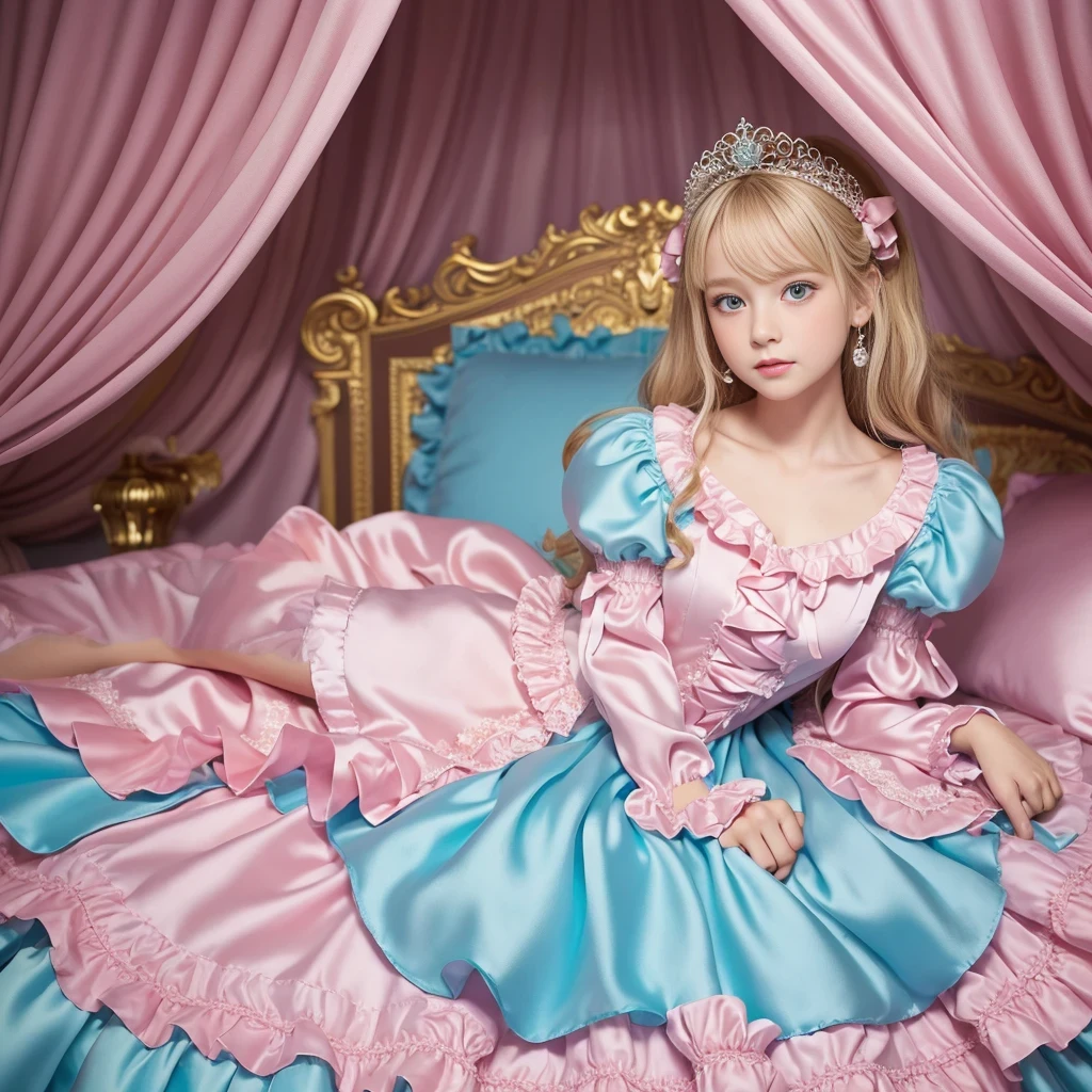 Blonde haired girl in pink and blue dress lying on bed, A lovely and sloppy princess, Rococo Queen, anime Barbie Doll, Magical ta Girl Portrait, Belle Delphine, portrait of Barbie Doll, Anime Princess, sleeping beauty fairytale, Rococo Dress, Portrait of a Princess, In a dress, Blonde Princess, Ball jointed doll, Barbie Doll