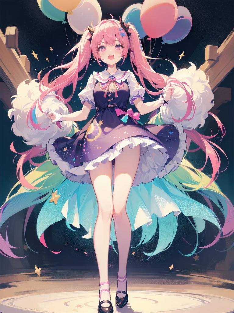(whole body, legs and shoes visible: 1.2)) Expressive eyes, One girl, Pale skin, Long Hair, Windblown Hair, ((absurdly Long Hair)), Long Side Lock, Princess bangs, Hair bangs, Hair Bun, ((Very long twin tails)), Rainbow Hair, Light pink hair, blush, full face blush, big sparkling Pastel Purple eyes, (Gradient Eye), Laughing with your mouth open, cute pose, ((Holding a balloon : 1.3)) ((cute and pastel fashion)) ((🦄🎠🎈🎉 theme : 1.4)) A loose pastel dress, ((Dreamy multi-colored open dress)), (Floating ribbon), Lavender Frill, Pink frills, (Light blue lace), Removable short sleeves, Fluffy skirt, ((Rainbow and star printed skirt : 1.3)), Lolita Skirt, Purple ribbon, ((pom pom ribbon hair ornament : 1.4)), Multiple Bows, Striped lace stockings, (heart型のレッグガーター), cute (Pastel Purple) shoes ((Ultra-detailed clothing and fashion)) I'm watching you, Vintage Girl, blush, (Beautiful attention to detail), (Highly detailed CG Unity 8k wallpaper) (Best Shadow), ((Very delicate and beautiful)), (Detailed light), ((Depth of written boundary)) Big Head, Big, bright eyes, Moe, Splash Art, Cinema Lighting, Front view, volumetric lighting maximalist photo illustration k resolution high resolution intricate detailed complex key visuals precise linear ((Dreamy pastel sky background, Surrounded by sunset clouds, shooting star, Castle above the clouds)) ((Ultra-detailed landscapes, Foggy clouds, Hung by balloons, heart : 1.3))