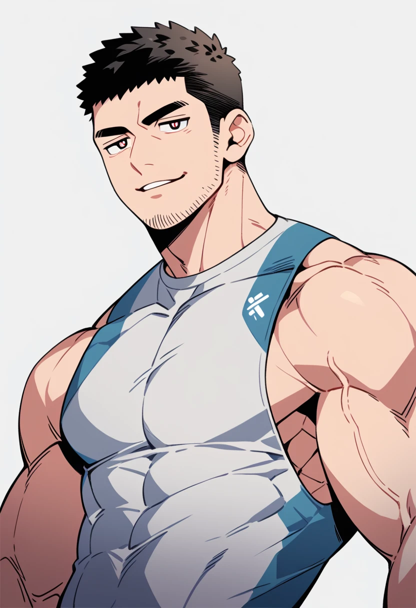 anime characters:Chris Redfield, Muscle Sports Student, Buzz Cut, Manliness, male focus, Sports tight hooded sweatshirt, Wear a black high-necked tights inside, Very tight, full and perky chest muscles, muscular male, muscular, only, Upper body, alone, Red short hair, Thick eyebrows, stubble, Brown-red pupils, White background, simple background, amazing quality, best aesthetics, Ridiculous, crew cut, parted lips, naughty face, jitome, v-shaped eyebrows, negative space, best quality
