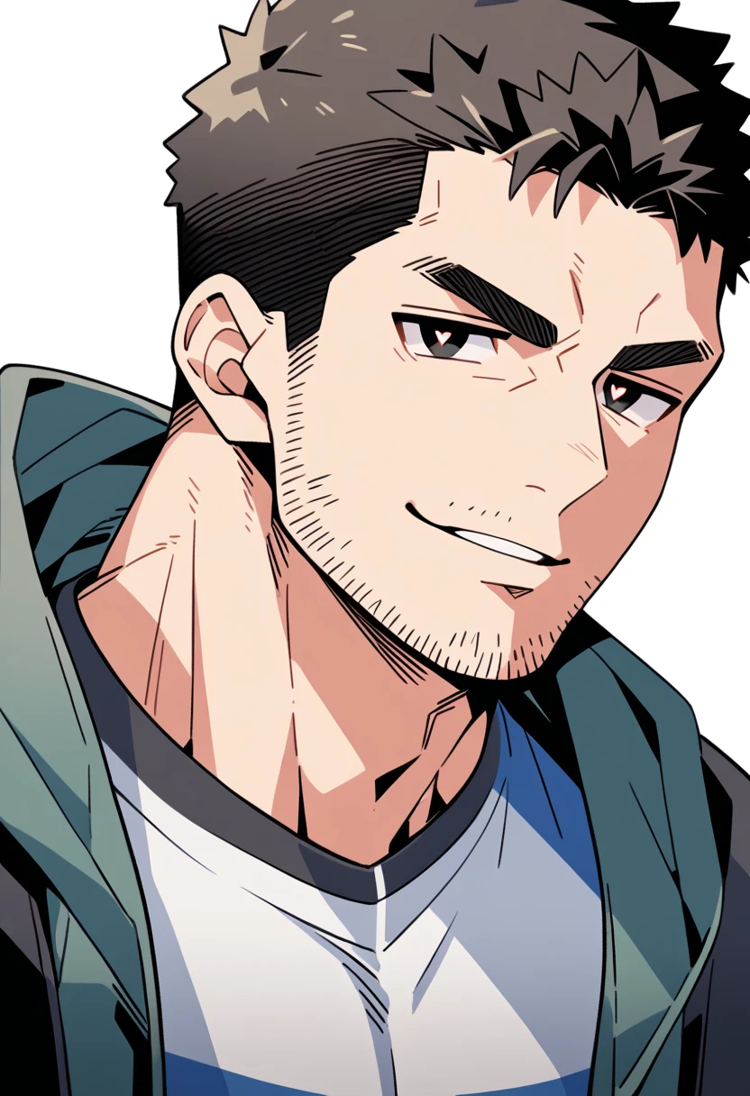 anime characters:Chris Redfield, Muscle Sports Student, Buzz Cut, Manliness, male focus, Sports tight hooded sweatshirt, Wear a black high-necked tights inside, Very tight, full and perky chest muscles, muscular male, muscular, only, Upper body, alone, Red short hair, Thick eyebrows, stubble, Brown-red pupils, White background, simple background, amazing quality, best aesthetics, Ridiculous, crew cut, parted lips, naughty face, jitome, v-shaped eyebrows, negative space, best quality