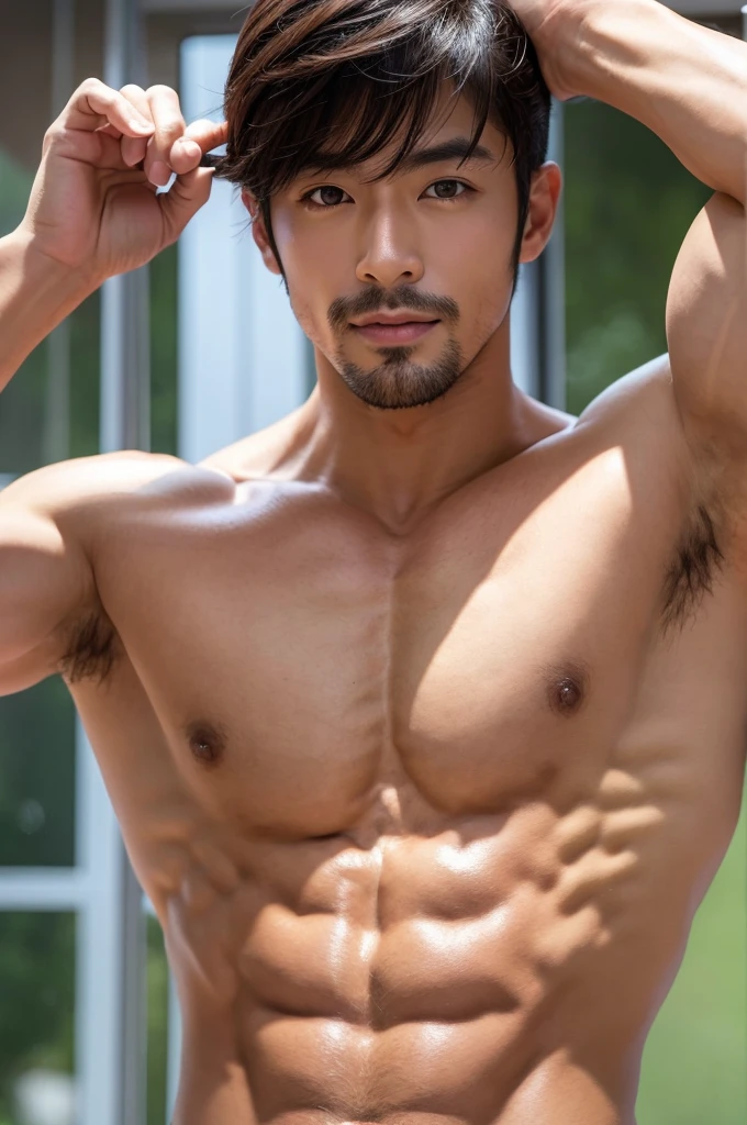 Macho male Japanese Abdominal muscles Handsome Perm