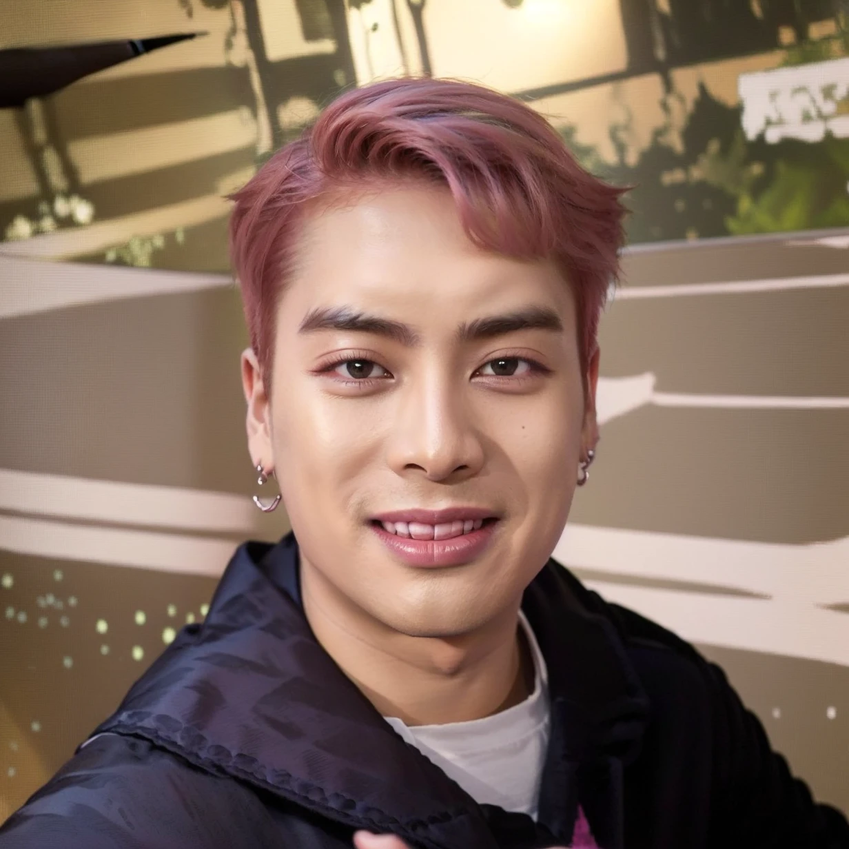 male, handsome,pink hair, earrings, smile, (photorealistic:1.4), best quality, masterpiece, photography, looking at viewer, on stage, stage lights, bokeh, upper body, black jacket,