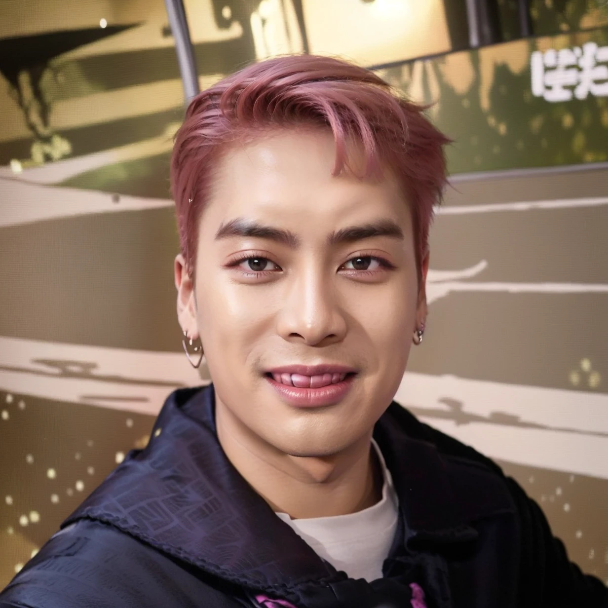 male, handsome,pink hair, earrings, smile, (photorealistic:1.4), best quality, masterpiece, photography, looking at viewer, on stage, stage lights, bokeh, upper body, black jacket,