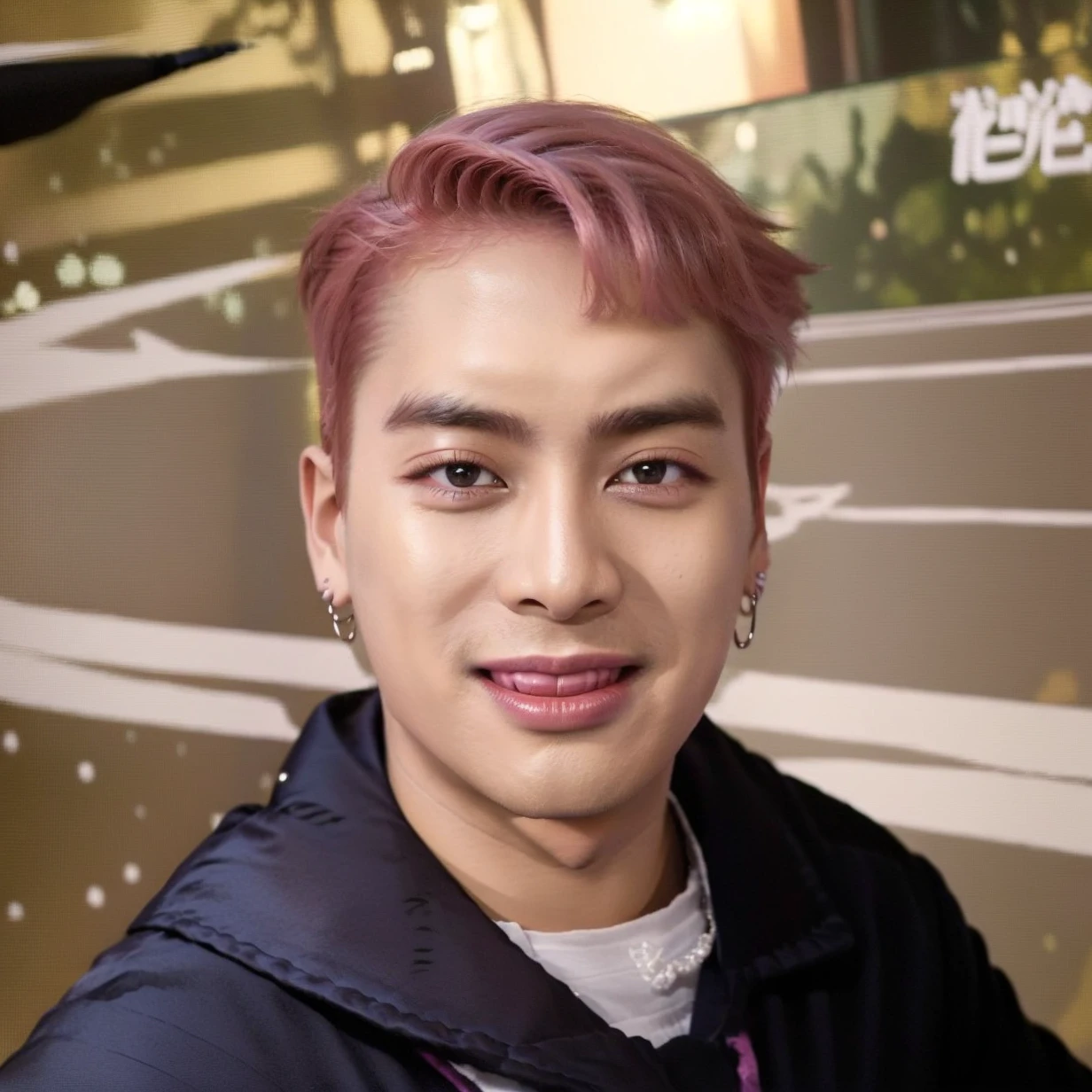 male, handsome,pink hair, earrings, smile, (photorealistic:1.4), best quality, masterpiece, photography, looking at viewer, on stage, stage lights, bokeh, upper body, black jacket,