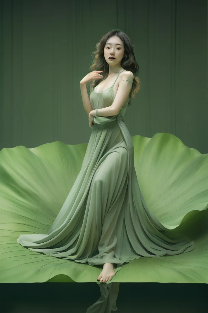 best quality,realistic,masterpiece,Highly detailed,HDR,UHD,8K,1girl,green theme,water,
