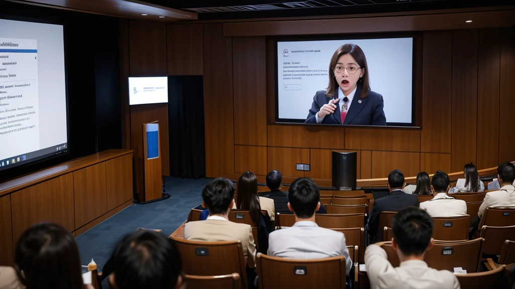 The speaker on the podium is speaking according to the slides,People in the audience are listening to the report,