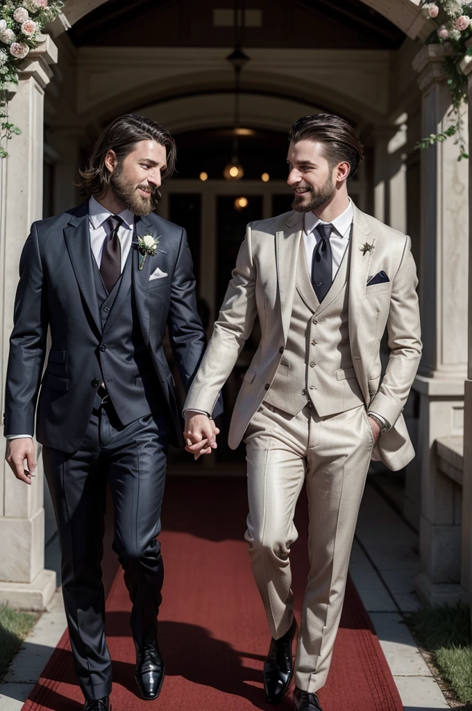 The setting is an elegant outdoor wedding, with a beautiful landscape in the background, perhaps a flower garden or a well-decorated patio. The ceremony takes place under an arch covered in flowers, with chairs arranged in rows for guests.
Men:
outfits:
Both men are wearing elegant dark red suits., that exude sophistication and style.
The inside shirts are black, creating a striking contrast with the red suit.
The pants are the same fabric and color as the suit, creating a cohesive and harmonious look.
They wear polished black shoes, that complete the look with a classic touch.
suit details:
The cut of the suit is modern and fitted, highlighting a refined and contemporary appearance.
Blazers have thin, elegant lapels, with one or two buttons on the front.
there are subtle details, like black pocket squares or small, discreet brooches, adding a personal touch.
Physical appearance:
Both men have a confident and proud posture, with genuine smiles of joy and satisfaction.
Hair is well groomed, one of them may have well-groomed gray hair, while the other may have darker hair.
They may have neatly trimmed mustaches or beards, adding a touch of maturity and distinction.
Accessories:
Classic wristwatches in silver or gold tones can be seen on the wrists, adding a touch of elegance.
They can wear discreet cufflinks, perhaps with engraved initials or some personal symbol.
context:
Behind them, you can see guests smiling, white chairs decorated with red ribbons, and maybe flower petals scattered across the floor, indicating the recent passing of the bride and groom.
The expression on the men's faces is one of pride and excitement., as they are celebrating a significant moment in their children's lives.