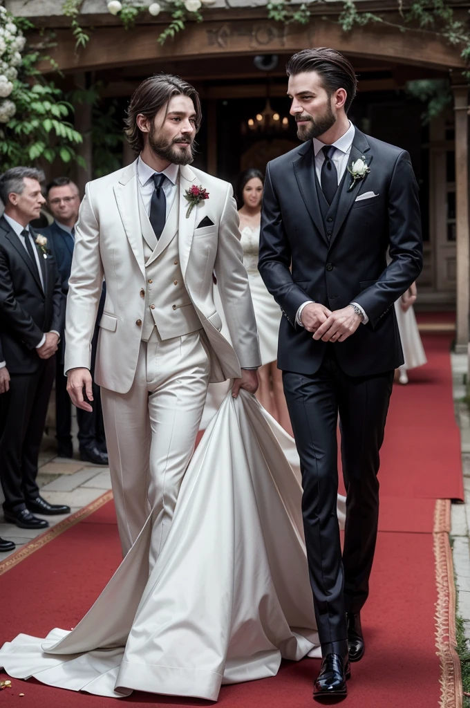 The setting is an elegant outdoor wedding, with a beautiful landscape in the background, perhaps a flower garden or a well-decorated patio. The ceremony takes place under an arch covered in flowers, with chairs arranged in rows for guests.

Men:
outfits:

Both men are wearing elegant dark red suits., that exude sophistication and style.
The inside shirts are black, creating a striking contrast with the red suit.
The pants are the same fabric and color as the suit, creating a cohesive and harmonious look.
They wear polished black shoes, that complete the look with a classic touch.
suit details:

The cut of the suit is modern and fitted, highlighting a refined and contemporary appearance.
Blazers have thin, elegant lapels, with one or two buttons on the front.
there are subtle details, like black pocket squares or small, discreet brooches, adding a personal touch.
Physical appearance:

Both men have a confident and proud posture, with genuine smiles of joy and satisfaction.
Hair is well groomed, one of them may have well-groomed gray hair, while the other may have darker hair.
They may have neatly trimmed mustaches or beards, adding a touch of maturity and distinction.
Accessories:

Classic wristwatches in silver or gold tones can be seen on the wrists, adding a touch of elegance.
They can wear discreet cufflinks, perhaps with engraved initials or some personal symbol.
context:
Behind them, you can see guests smiling, white chairs decorated with red ribbons, and maybe flower petals scattered across the floor, indicating the recent passing of the bride and groom.
The expression on the men&#39;s faces is one of pride and excitement., as they are celebrating a significant moment in their children&#39;s lives.