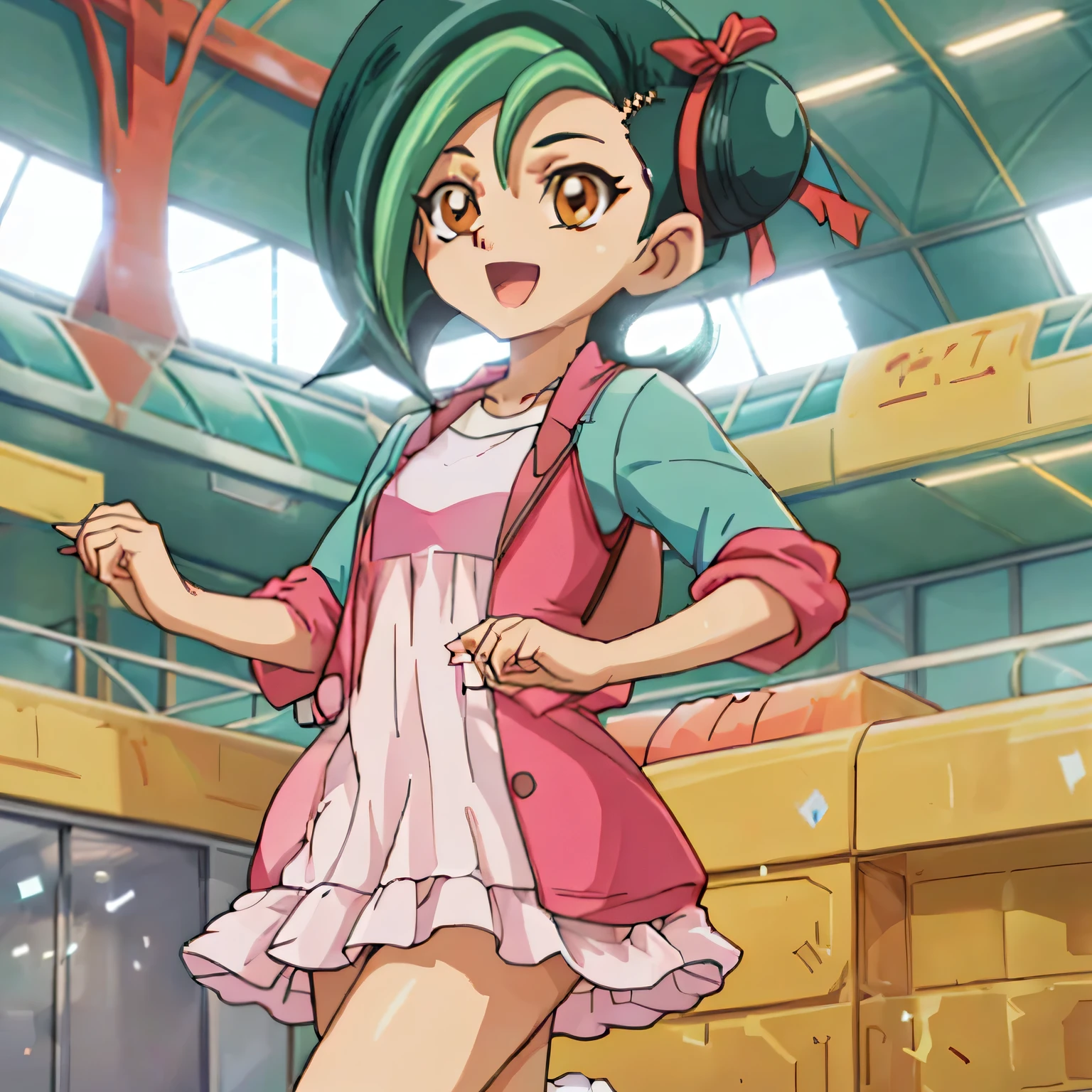 (masterpiece, best quality:1.2), solo, tori, 1girl, green hair, green skirt, multicolored hair, brown eyes, ribbon, hair ribbon, two-tone hair, hair bun, single hair bun, green jacket, open jacket, long sleeves, t-shirt, dancing, indoors, smile, one eye closed, open mouth