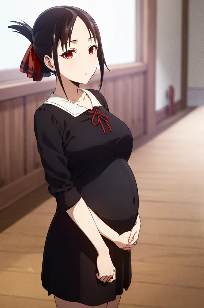 best quality, (masterpiece:1.2), detailed,
shinomiya kaguya,
1girl, solo, closed mouth,
black hair, red eyes, short hair, folded ponytail, hair ribbon, black top shirt showing the belly, short black skirt, red ribbon,
standing, looking at the viewer, huge breasts(1.5), pregnant (1.6), belly showing, pregnant belly, ((cum on face, upper body))