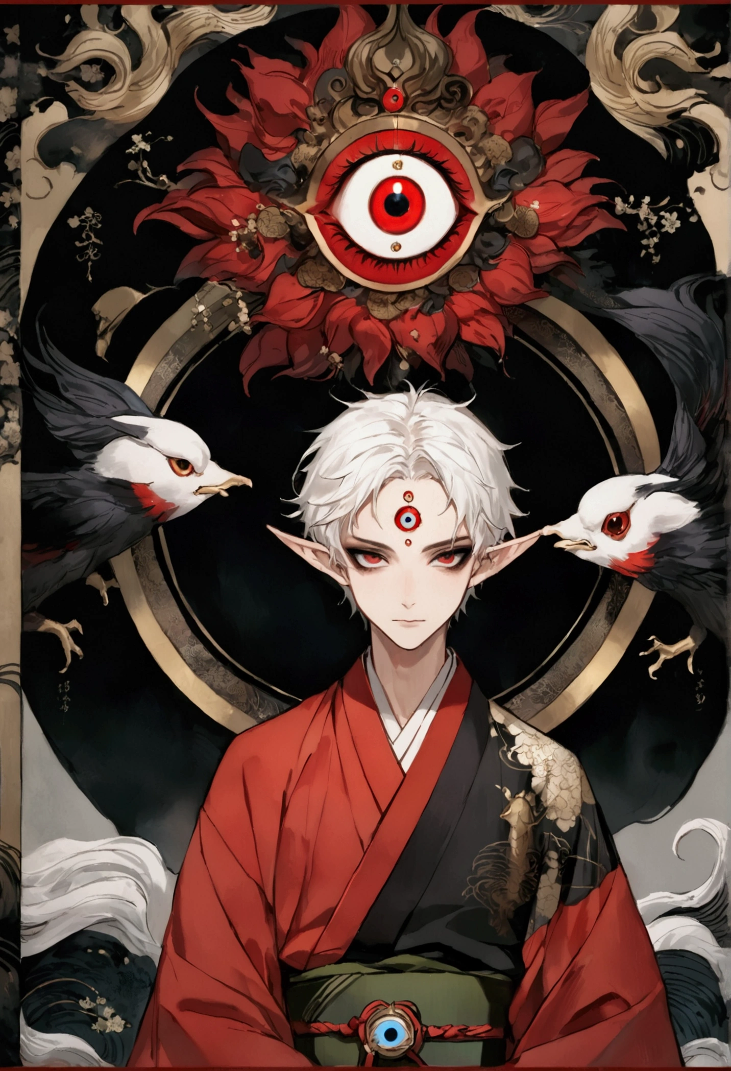 Japanese Anime，Gothic Art，(((1 Boy，独奏，third eye on the forehead，Dark eyeshadow.Middle-parted white hair-super short hair，Elf ears))),(((Gorgeous Japanese red kimono：1.6，Eye Diagram，Dark Pattern))).(((Thin waist，Greenbelt：1.37)))