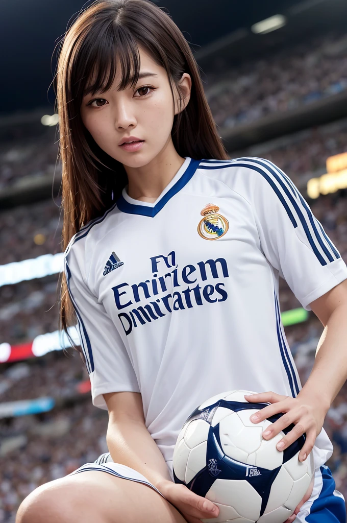 {{{Real Madrid}}}, light, {{Adidas soccer jersey on white background}}, {{{best quality}}}, {{{realistic}}}, {{{Detailed facial description}}}, realistic 눈동자, {{beautiful western beauty}}, female, realistic 유니폼 주름, holding a soccer ball, {{{Real Madrid}}}, {{{soccer stadium}}}, Sponsor's name is Fly Emirates, {{{busty}}}