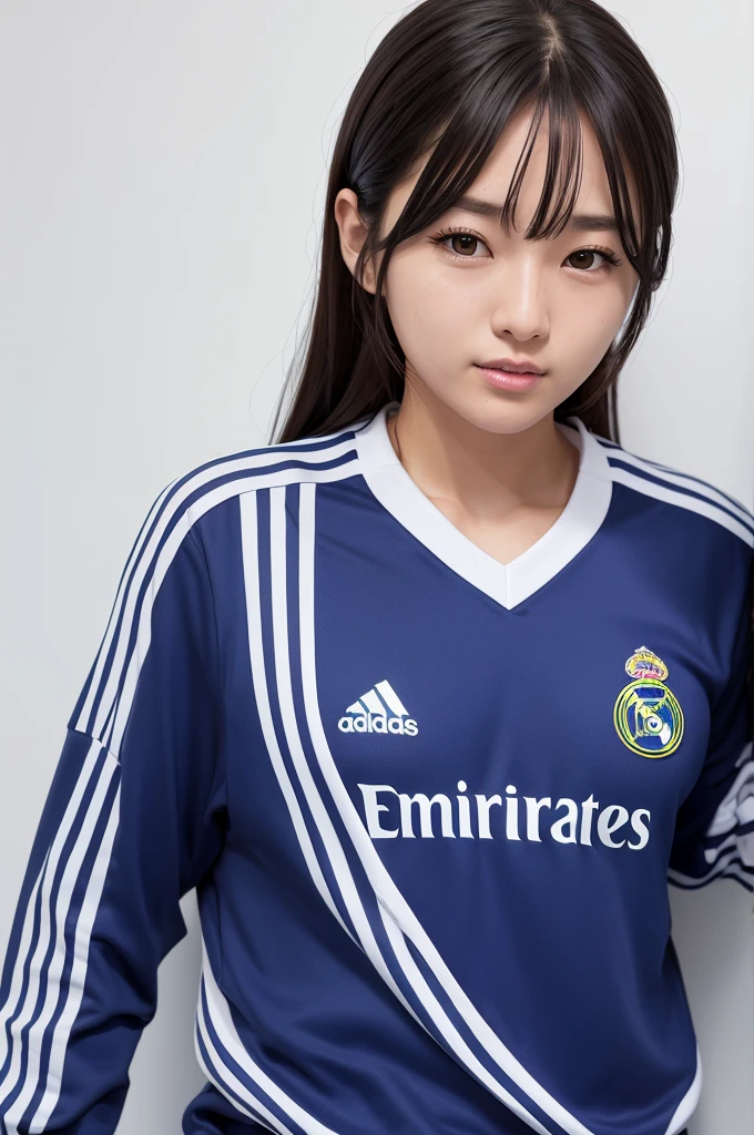 {{{Real Madrid}}}, light, {{Adidas soccer jersey on white background}}, {{{best quality}}}, {{{realistic}}}, {{{Detailed facial description}}}, realistic 눈동자, {{beautiful western beauty}}, female, realistic 유니폼 주름, holding a soccer ball, {{{Real Madrid}}}, {{{soccer stadium}}}, Sponsor's name is Fly Emirates, {{{busty}}}