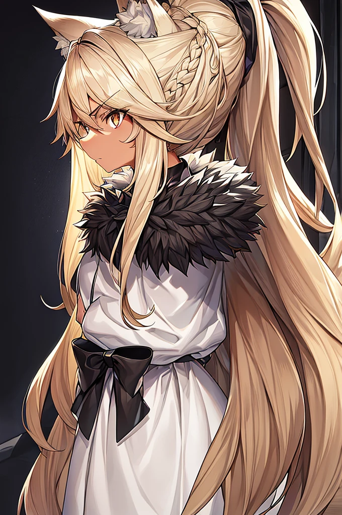 best quality, black style, girl, beige skin, hairy skin, beige hair on her skin, brown eyes, long tousled beige hair, hair up, hair up, white dress, black bow, threatening look, determined look, look ahead , look ahead, serious, furry skin, wolf skin. hairy skin, wolf skin, hairy face.
