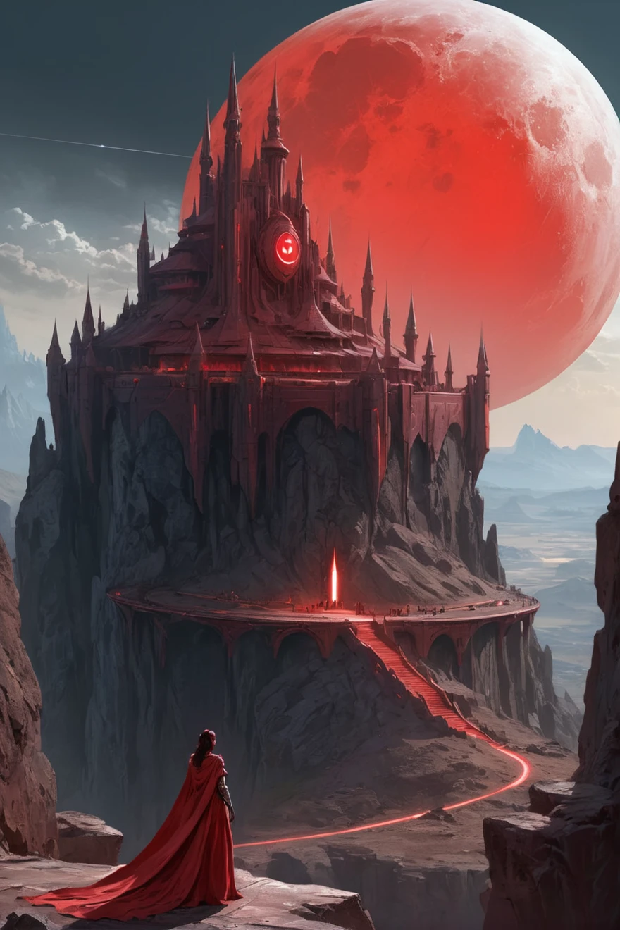 There is a princess on a rocky hill in front of a castle, Kaladesh concept art. mechanic, scarlet red crescent moon, inspirado em micha karcz, architecture carved for a titan, por James Paick, inside a futuristic military base, cultists watching, inspired by hans eduard von berlepsch valendas, Dark mountains