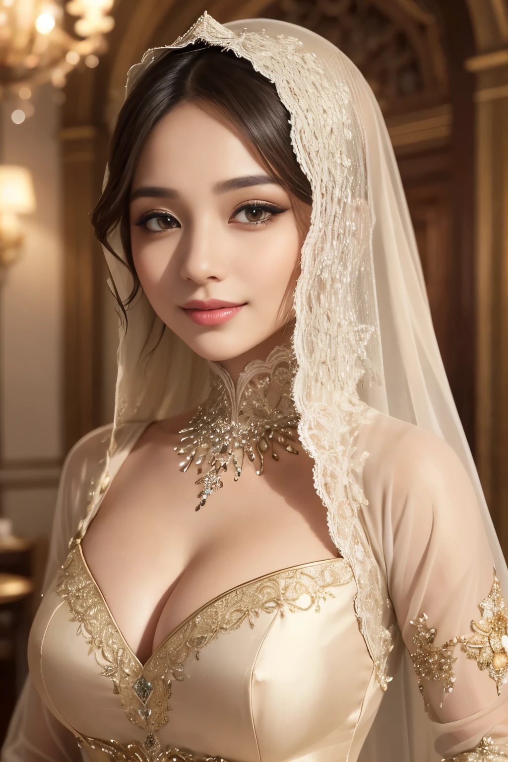 see-through, transparent, Flashy, grandeur, glamor, cleavage, hijabi, Absurd, ultra-detailed, high quality, masterpiece, detailed face, beautiful eyes(detailed eyes), javanese, gentle and graceful, face exudes warmth and kindness, eyes described as soft and comforting, gentle and steady gaze, overall appearance is simple and modest, The fabric of her garments is usually depicted as soft and earth-toned, beauty lies not in extravagant adornments, Her smile is serene and welcoming