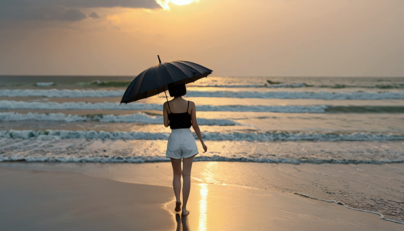 8k, Vivid picture quality, Vivid picture quality, long deserted beach, walking slowly from afar, Short hair, beautiful appearance, Model-like body, sunset의 붉은 빛, sunset, alone, afternoon, depressed, tide가 밀려온다, rain, medium size black umbrella, ocean, tide, wind, rain가 내리는, Short and slim Korean woman, tower, White shorts, rain가 내리는, Looking at the sea with a black umbrella, the sun goes into the sea