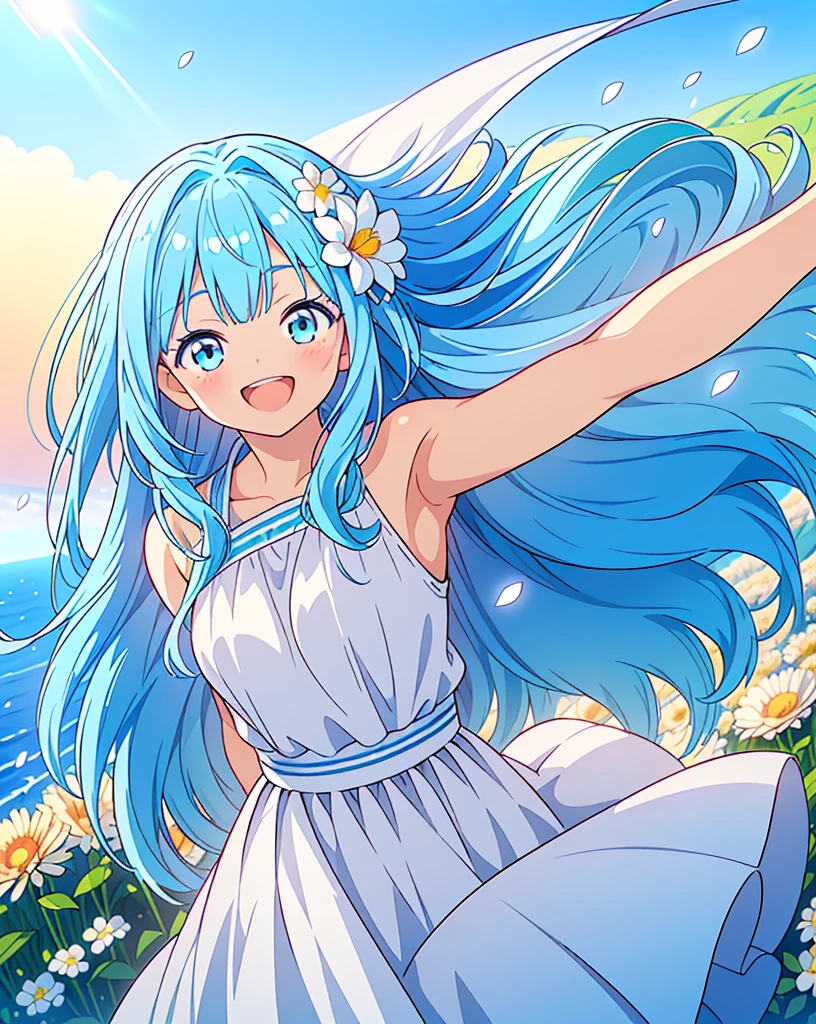 (Highest quality, 32K, High resolution, Masterpiece:1.5), One Girl, Cute anime-style illustrations, god々It has a brilliant and healing power., , Expressing emotions, Have a rich imagination, Cute Japanese Girls, Perfect Human Anatomy, Big light blue eyes, Motherhood and generosity, Deep Love, ((A happy smile:1.8)), ((Shiny light blue hair:1.5)), Super long straight silk hair swaying in the wind, Asymmetrical bangs, Hair between the eyes, Transparent, soft white skin, Sharp eyebrows, Thin lashes, Natural Makeup, Detailed and cute lips, (White dress:1.2), ((A flower field that stretches to the horizon:1.2)), Slim figure with ample breasts, Beautifully detailed skies, ((Vibrant petal effect:1.2)), god秘的