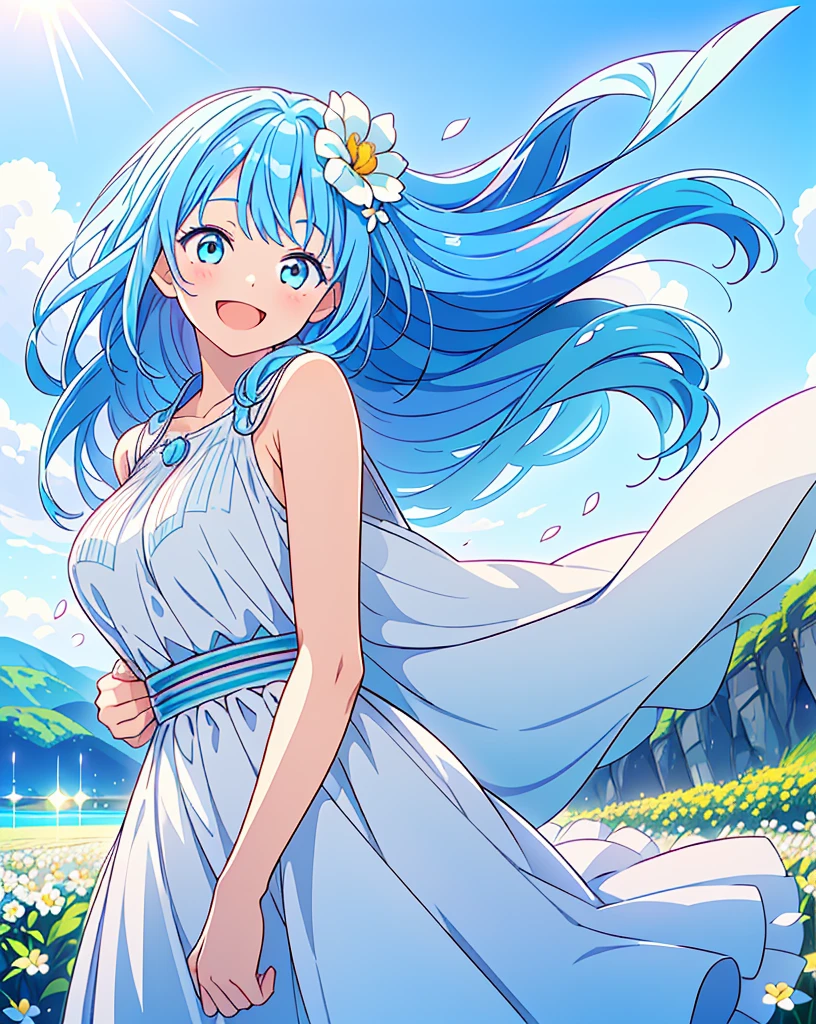 (Highest quality, 32K, High resolution, Masterpiece:1.5), One Girl, Cute anime-style illustrations, god々It has a brilliant and healing power., , Expressing emotions, Have a rich imagination, Cute Japanese Girls, Perfect Human Anatomy, Big light blue eyes, Motherhood and generosity, Deep Love, ((A happy smile:1.8)), ((Shiny light blue hair:1.5)), Super long straight silk hair swaying in the wind, Asymmetrical bangs, Hair between the eyes, Transparent, soft white skin, Sharp eyebrows, Thin lashes, Natural Makeup, Detailed and cute lips, (White dress:1.2), ((A flower field that stretches to the horizon:1.2)), Slim figure with ample breasts, Beautifully detailed skies, ((Vibrant petal effect:1.2)), god秘的