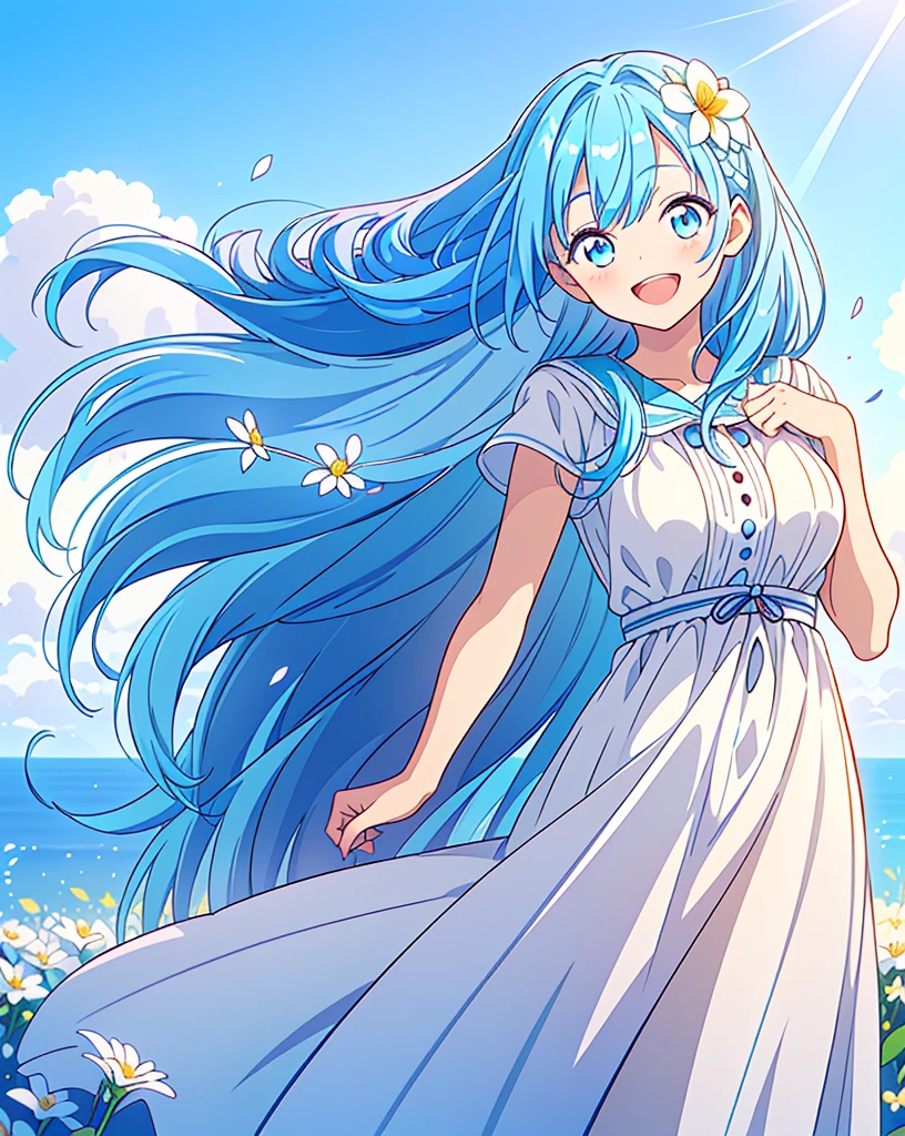 (Highest quality, 32K, High resolution, Masterpiece:1.5), One Girl, Cute anime-style illustrations, god々It has a brilliant and healing power., , Expressing emotions, Have a rich imagination, Cute Japanese Girls, Perfect Human Anatomy, Big light blue eyes, Motherhood and generosity, Deep Love, ((A happy smile:1.8)), ((Shiny light blue hair:1.5)), Super long straight silk hair swaying in the wind, Asymmetrical bangs, Hair between the eyes, Transparent, soft white skin, Sharp eyebrows, Thin lashes, Natural Makeup, Detailed and cute lips, (White dress:1.2), ((A flower field that stretches to the horizon:1.2)), Slim figure with ample breasts, Beautifully detailed skies, ((Vibrant petal effect:1.2)), god秘的