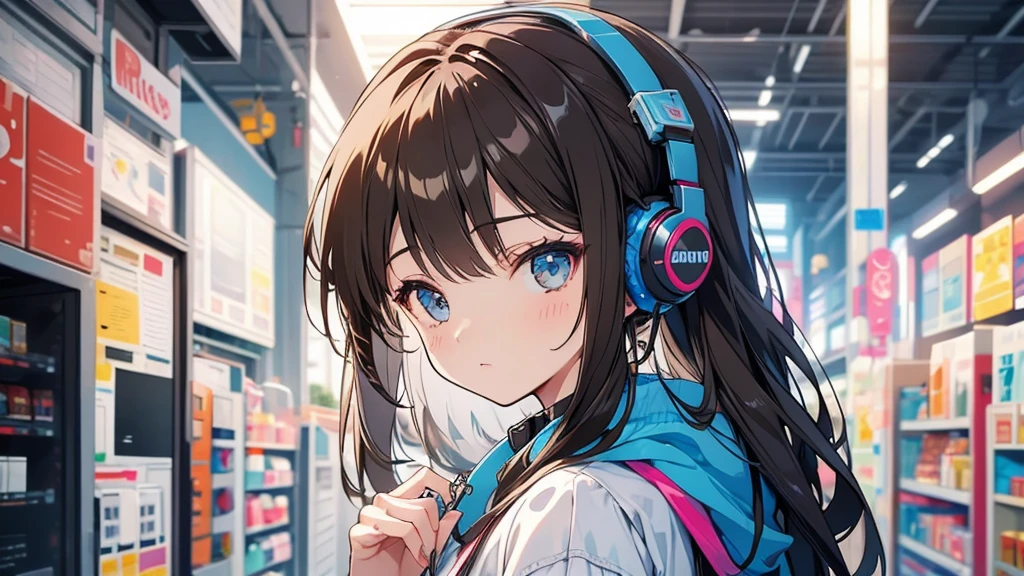 Girl wearing headphones。Brown Hair。