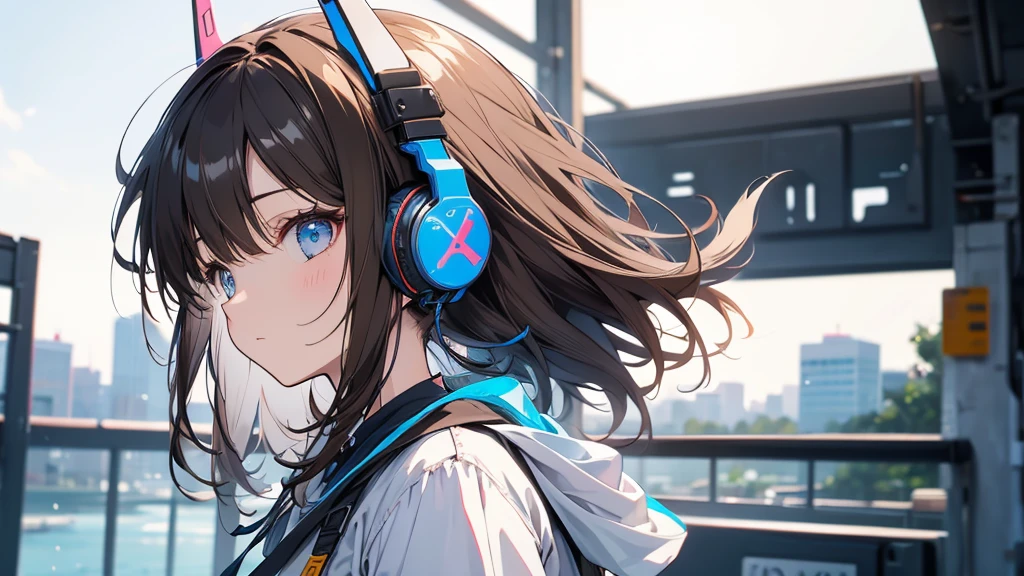 Girl wearing headphones。Brown Hair。