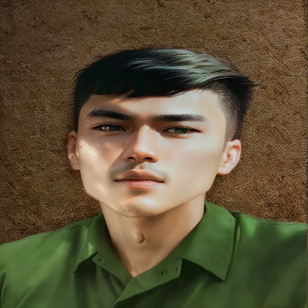 RAW photo of a 30 year old man, wearing a green Vietnamese army shirt, Asian, short black hair, real face, real skin, (photorealistic:1.4), (high detail soft skin:1.2 ), 8k uhd, dslr, soft light, high quality, grain film, Fujifilm XT
