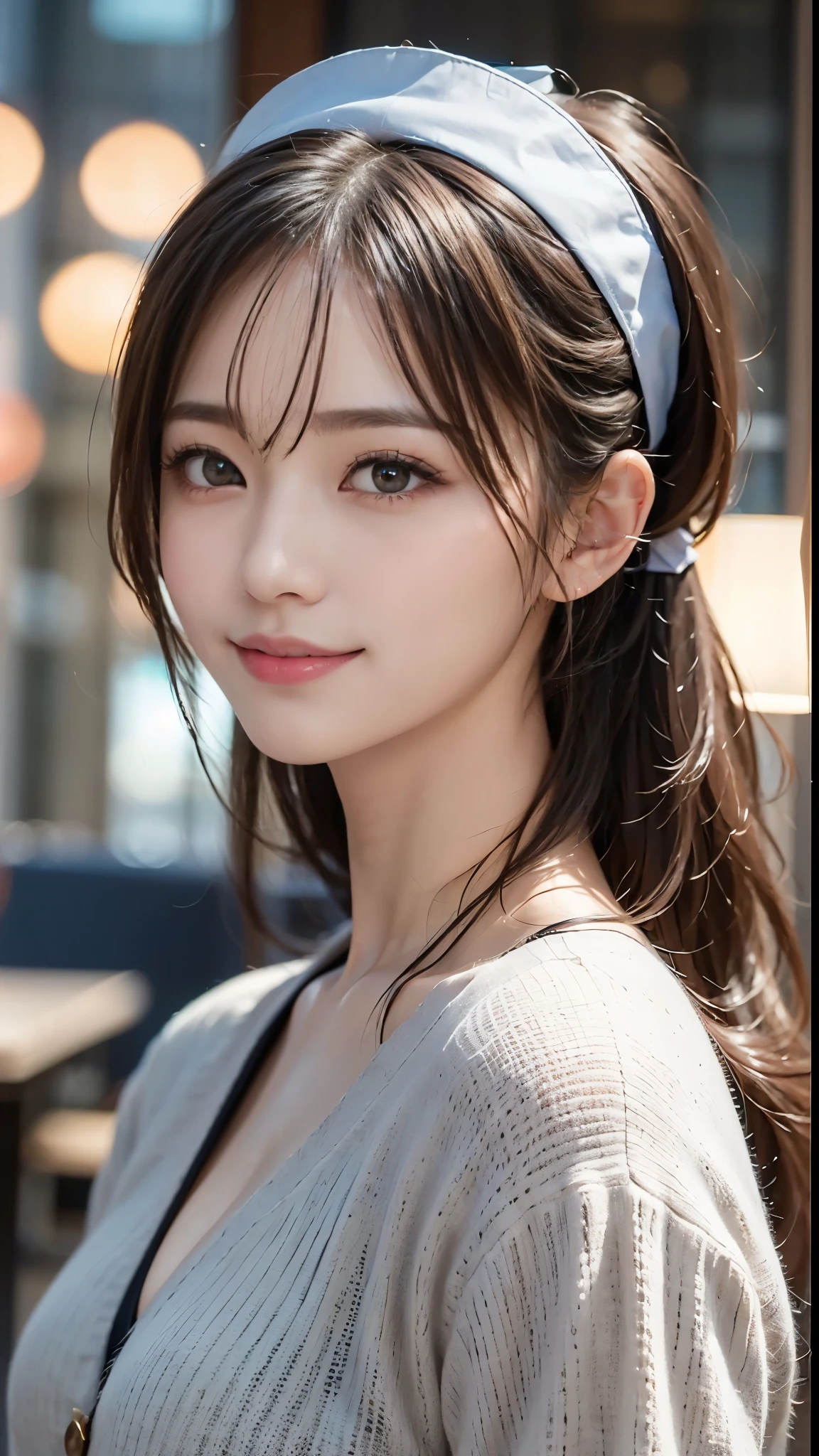 ((Nurse uniform、Highest quality、Masterpiece、High resolution))、(((Zoom photo of upper body)))、(A shy smile:1.2)、One Woman、Beautiful Skin、Beautiful Eyes、Cleavage、Trimmed bangs、ponytail、Black Hair