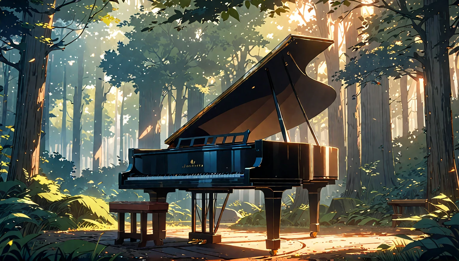 a close up of a piano in a forest with a bench, background artwork, anime art wallpaper 8 k, in style of atey ghailan, anime background art, ( ( makoto shinkai ) ), 8k high quality detailed art, anime art wallpaper 4 k, anime art wallpaper 4k, anime lush john 8k woods