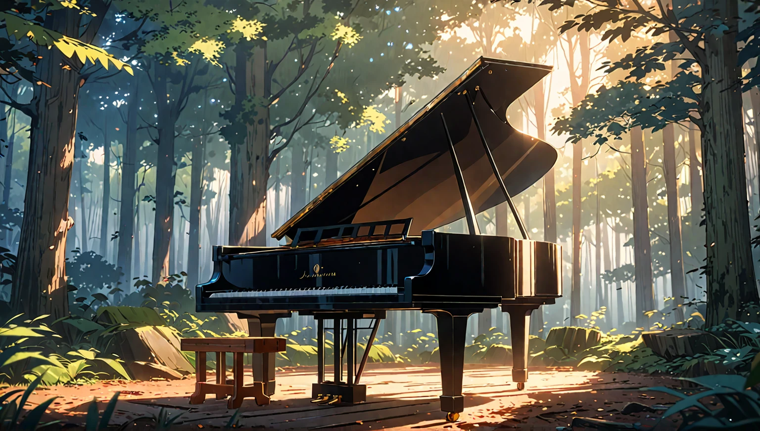 a close up of a piano in a forest with a bench, background artwork, anime art wallpaper 8 k, in style of atey ghailan, anime background art, ( ( makoto shinkai ) ), 8k high quality detailed art, anime art wallpaper 4 k, anime art wallpaper 4k, anime lush john 8k woods