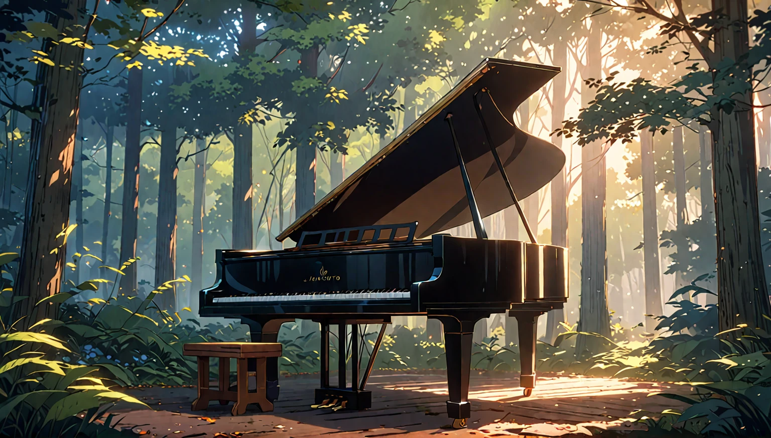 a close up of a piano in a forest with a bench, background artwork, anime art wallpaper 8 k, in style of atey ghailan, anime background art, ( ( makoto shinkai ) ), 8k high quality detailed art, anime art wallpaper 4 k, anime art wallpaper 4k, anime lush john 8k woods