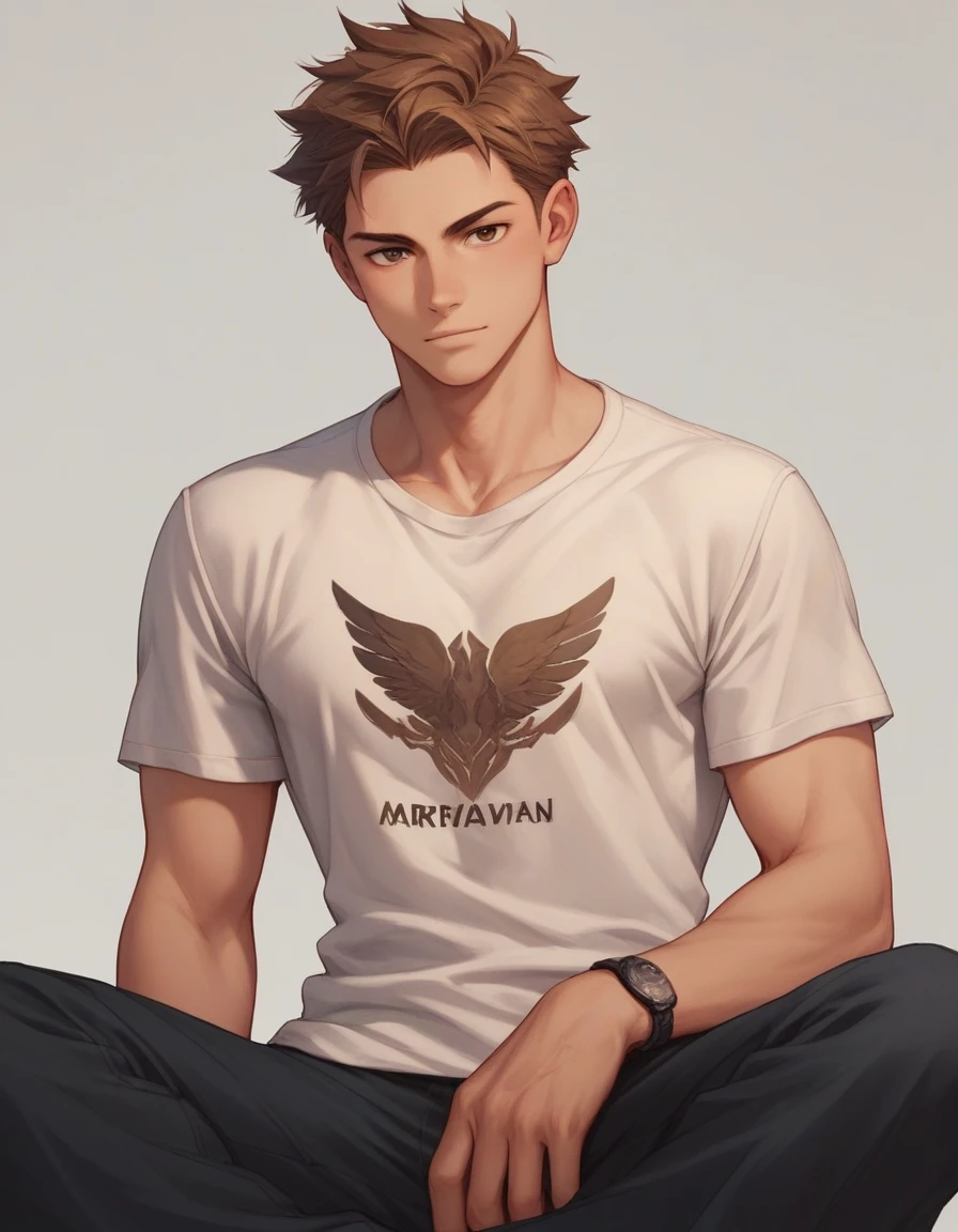 score_9, score_8_up, score_7_up, score_6_up, score_5_up, score_4_up, human Male 20 Years  , Brown  haircut, wearing t-shirt , manga Style , 