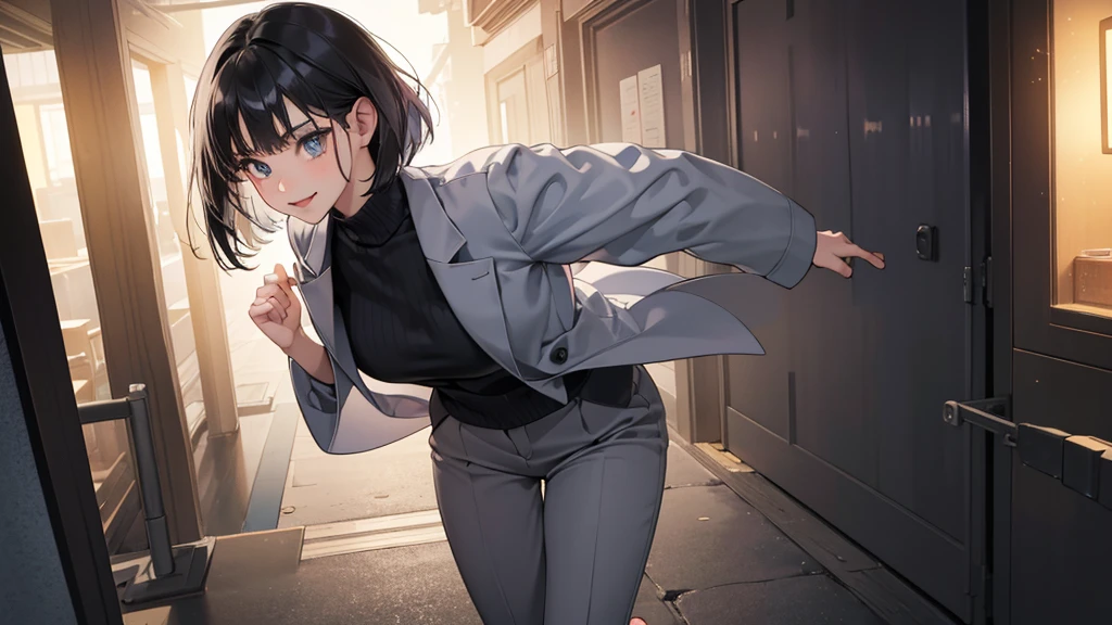 (perfect anatomy:1.2)(absurdres, highres, ultra detailed),masterpiece,best quality,high resolution,8k,Realistic face,Realistic skin texture,magnified textures, stunning clarity,detailed anime girl,(ultra detailed eyes and face),(1 girl:1.7)21years old,she is office worker,,smile:1.2,black hair, bob cut,natural make,grey jacket and pants,black brouse,,sparkling eyes.small nose,roundface、just left the office when it was time to leave,night,japanese bussines district,she is walking,skipping