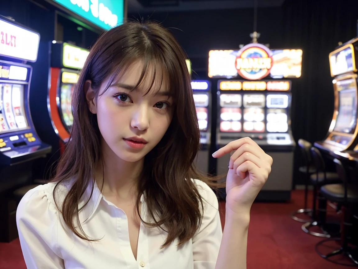 (Highest quality:1.3) (Very realistic, realistic:1.3), (Sharp focus:1.3)  (Very realistic and high quality.:1.3). (High quality and highly detailed.:1.3)　　table top, Very delicate and beautiful, soft light, (brown hair, Straight, shoulder-length hair blows in the wind.), Beautiful girl captures details, (finger details:1.3) , Highly detailed eyes and face, Beautifully detailed nose, Detailed and beautiful eyes, 1 woman, Japan, beautiful nature, cute, young people, dress shirt, trousers, (half body:1.3), (Medium bust), realistic face, realistic body, (random background,In casinos,VIP casino room, Modern Casino Console, Modern Slot Machines )