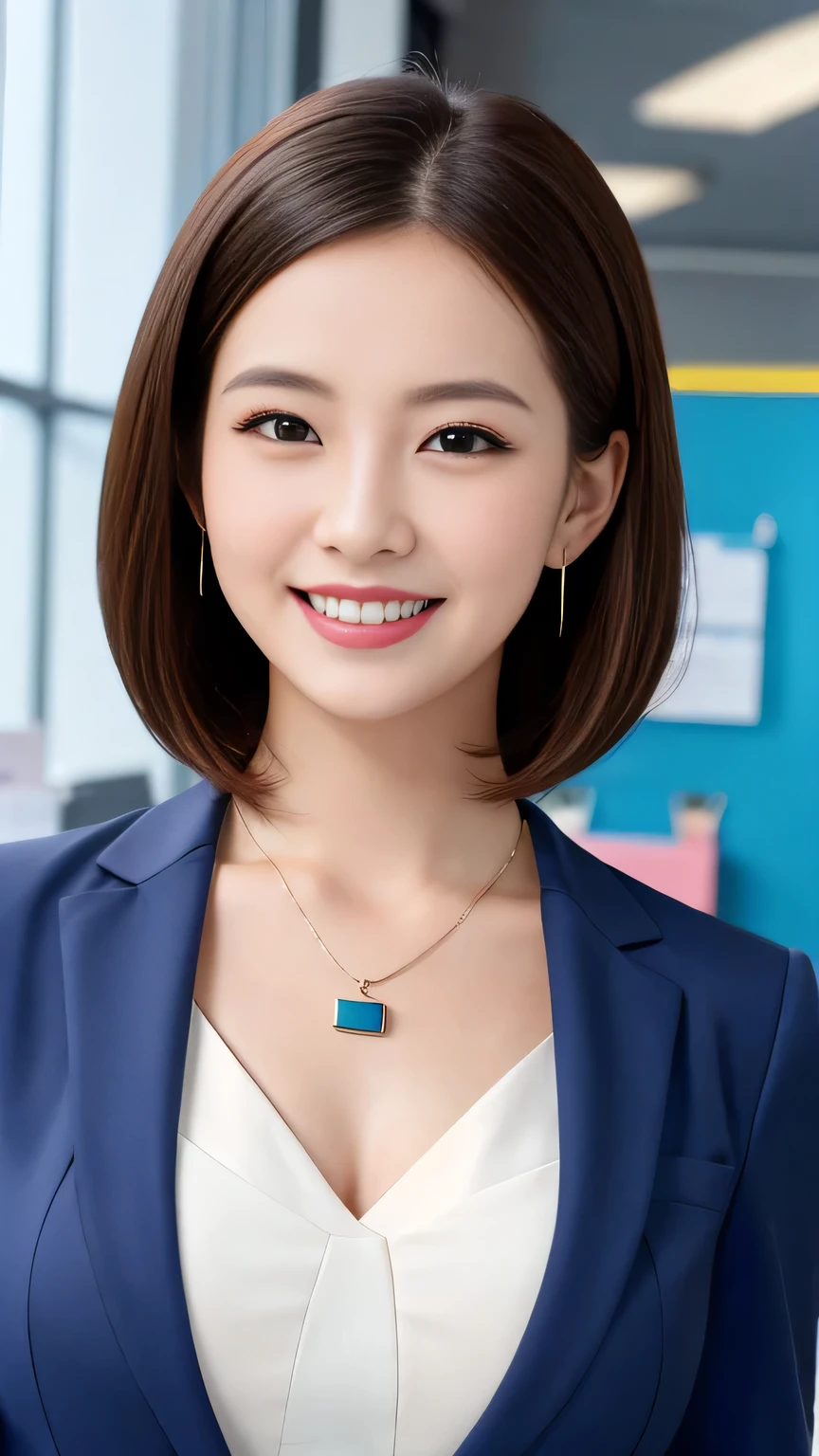 Highest quality:1.2), RAW Photos, High resolution, Very detailed, Intricate details, Short Haircut、、、ear piercing、smile、Beautiful teeth alignment、Black HairClear beauty,(High quality fabric, Office Lady Suits ）、Necklace around the neck、, The background is the office